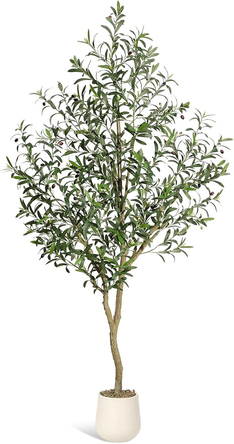Olive Trees Artificial Indoor, 7ft Tall Faux Silk Plant - Fake Potted Tree with White Planter, Artificial Plants with Natural Wood Trunk and Lifelike Fruits for Home Office Decor, 1 Pack