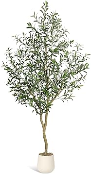 Olive Trees Artificial Indoor, 7ft Tall Faux Silk Plant - Fake Potted Tree with White Planter, Artificial Plants with Natural Wood Trunk and Lifelike Fruits for Home Office Decor, 1 Pack