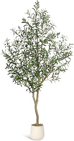 Olive Trees Artificial Indoor, 7ft Tall Faux Silk Plant - Fake Potted Tree with White Planter, Artificial Plants with Natural Wood Trunk and Lifelike Fruits for Home Office Decor, 1 Pack