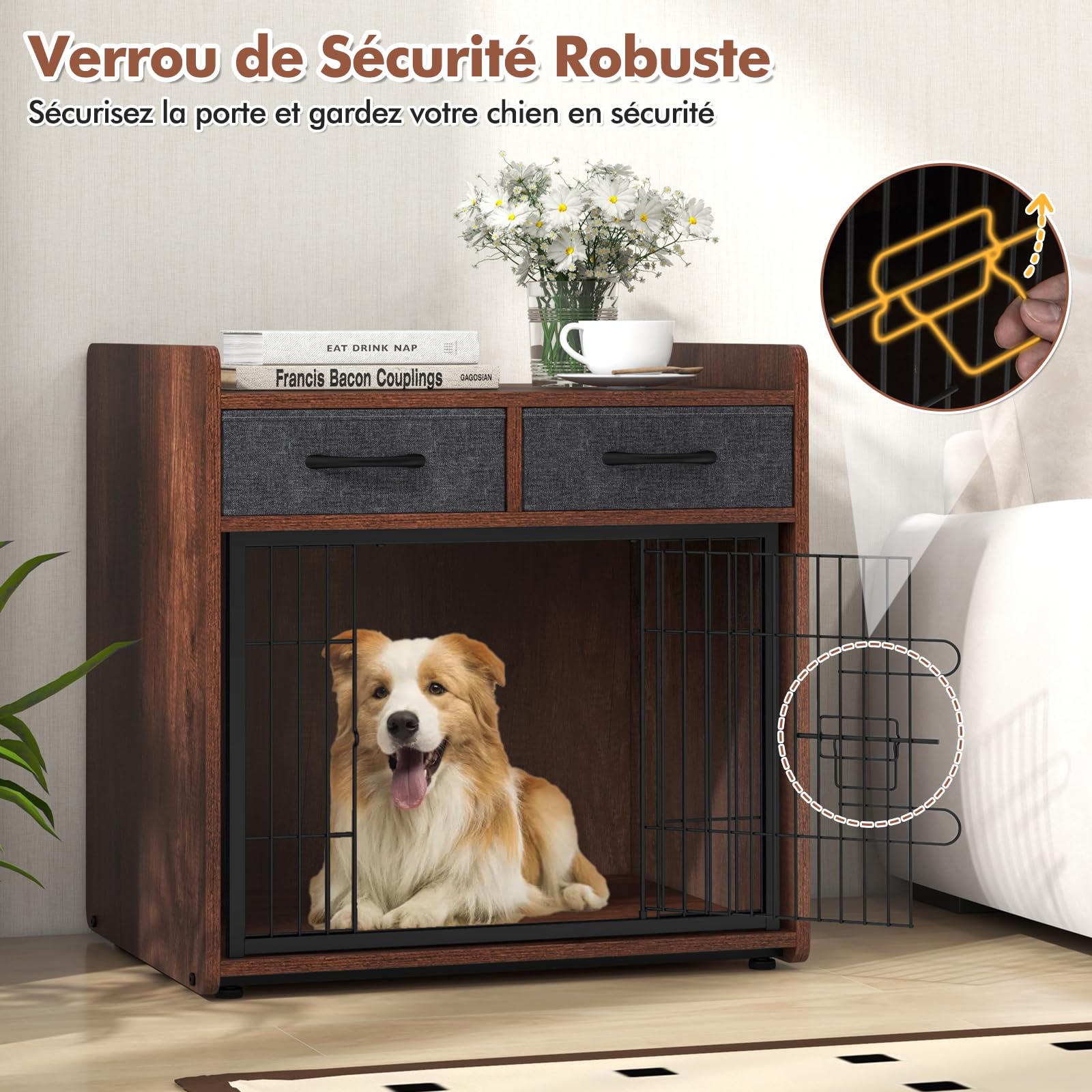 GYMAX Cage Chien Intérieur avec Rangement, Niche pour Animaux, avec 2 Tiroirs Amovibles, Porte Verrouillable, Repose-Pieds Réglables, Meuble Style Industriel, pour Animaux de Petite et Moyenne Taille
