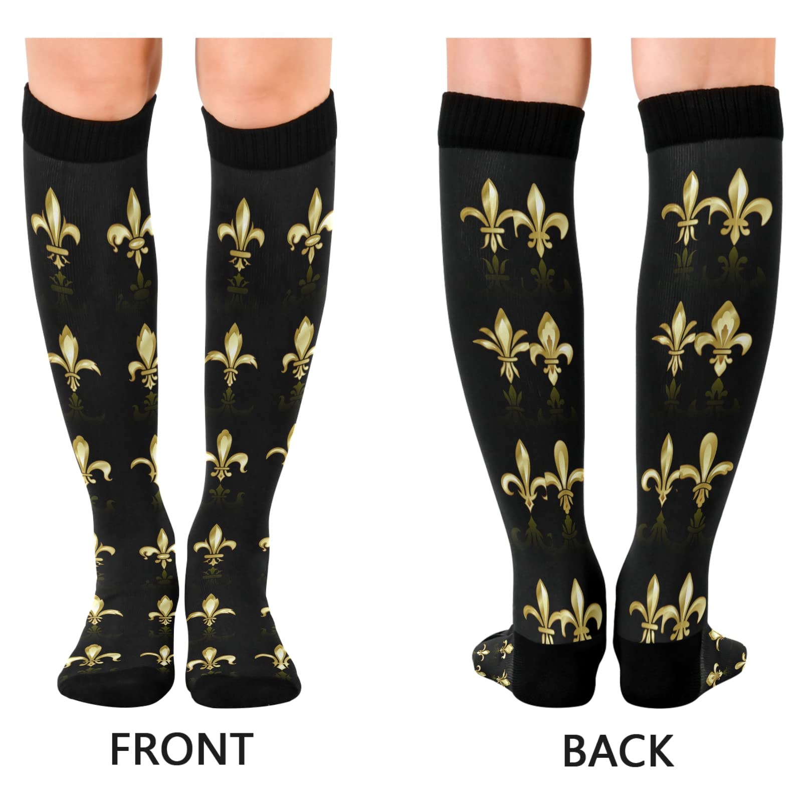 Gold Golden Fleur De Lis Design Collection Sets Seamless on Black 2 Pairs Unisex Compression Crew Knee High Sock Long Athletic Soft Circulation Socks for Running,Medical Nurse,Travel,Cycling