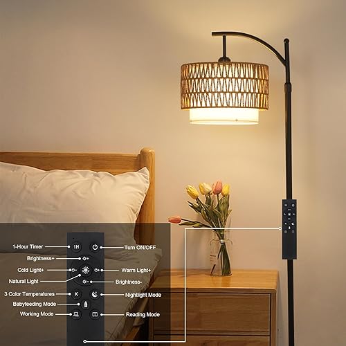 Miniatura 7 de Lámpara de pie de arco para sala de estar con 3 temperaturas de color, lámparas de pie de granja con bombilla remota y regulable, lámpara de pie