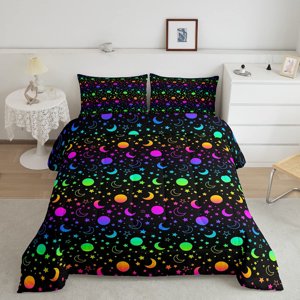 Moon Star Print Comforter Set Boho Exotic Bedding Set Galaxy Starry Sky Comforter for Children Kids Boys Girls Microfiber Astrology Space Duvet Set Cosmic Celestial Room Decor Quilt Set King Size