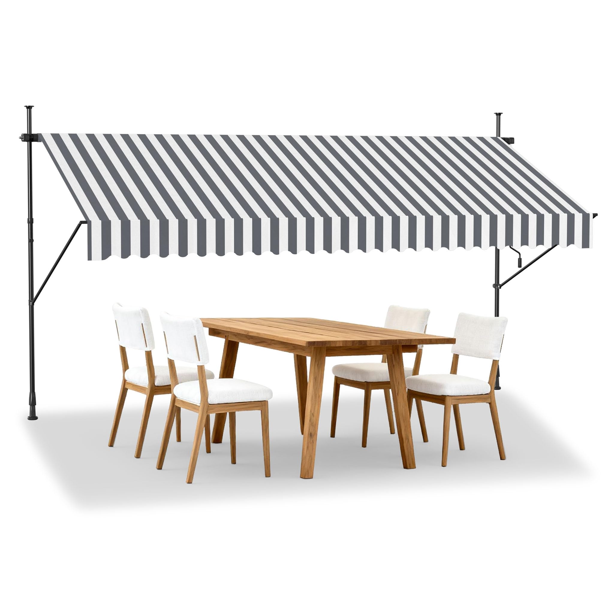 HENGMEI Telescopic Awning 350 x 120cm Retractable Clamp-On Balcony Awning with Hand Crank, No-Drill UV Protection Sun Shade Canopy for Patio, Garden Terrace Shelter Adjustable, Grey and White Stripes