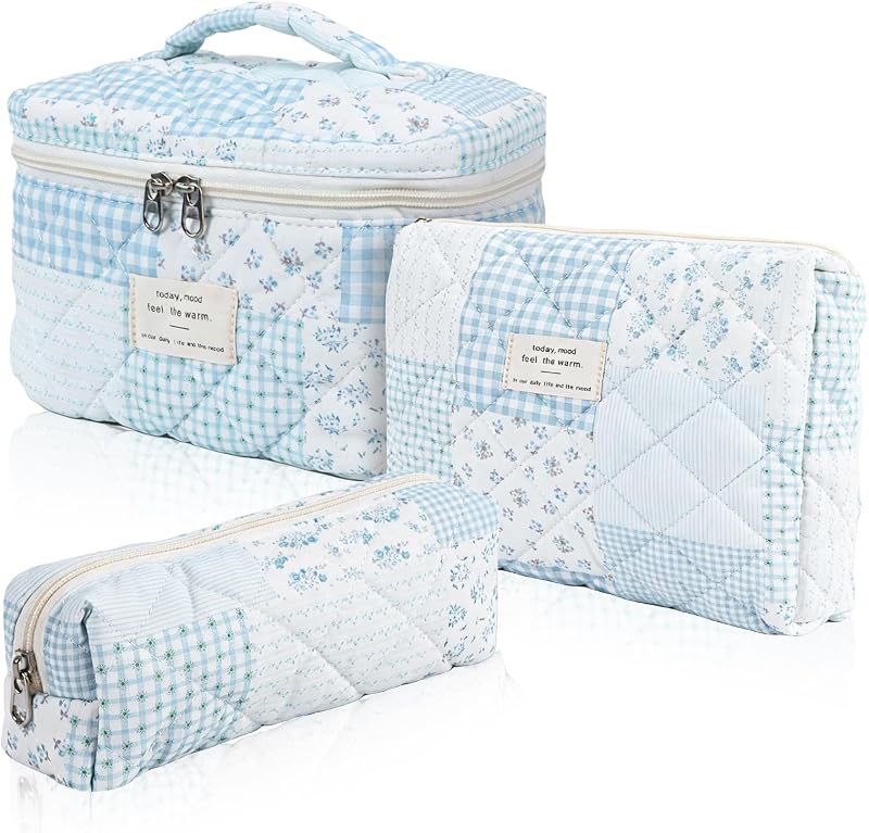 Kit com 3 Necessaires de Algodão Matelassado Hatende com Estampa Floral Azul-Clara