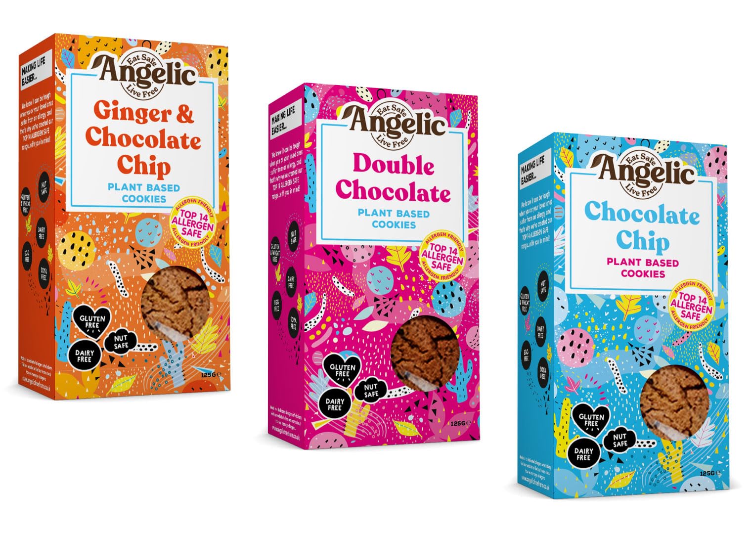 Angelic Free From 3 Mixed Box Vegan & Gluten Free Cookies. 3 Boxes Of Dairy, Nuts, Soya, Egg, Peanut Free Biscuits. Allergy Safe Snacks. Chocolate Chip, Double Chocloate and Ginger and Chocolate