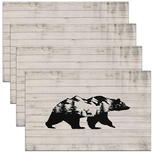 jejeloiu Juego de 4 manteles individuales con diseño rústico de oso salvaje del oeste, manteles individuales de rayas de madera para cocina,