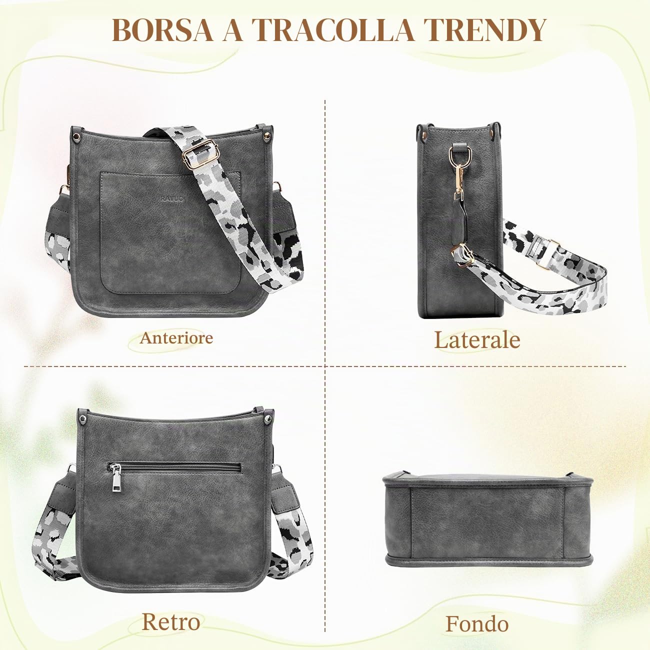 RAVUO Borsa a Tracolla Donna, Elegante Borsa a Spalla Donna Con 2 Cinturini Regolabili Borsa Pelle Impermeabile da Donna in Sintetica Pu con Tasche Multiple per Il Tempo Libero, Scuola, Viaggi
