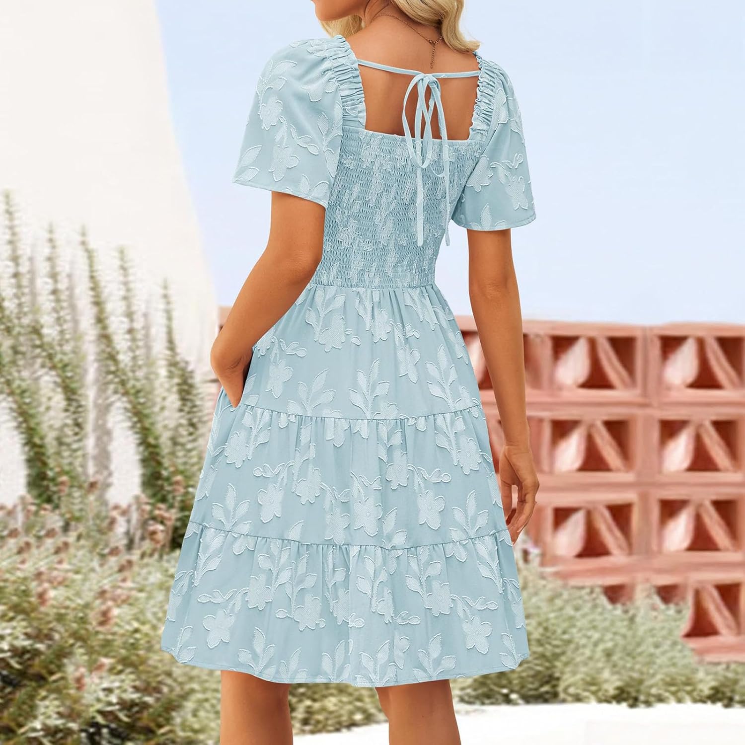 Women's Summer Boho Floral Mini Dress Casual Short Sleeve Square Neck Swing Beach Vacation Sundress Trendy Clothes
