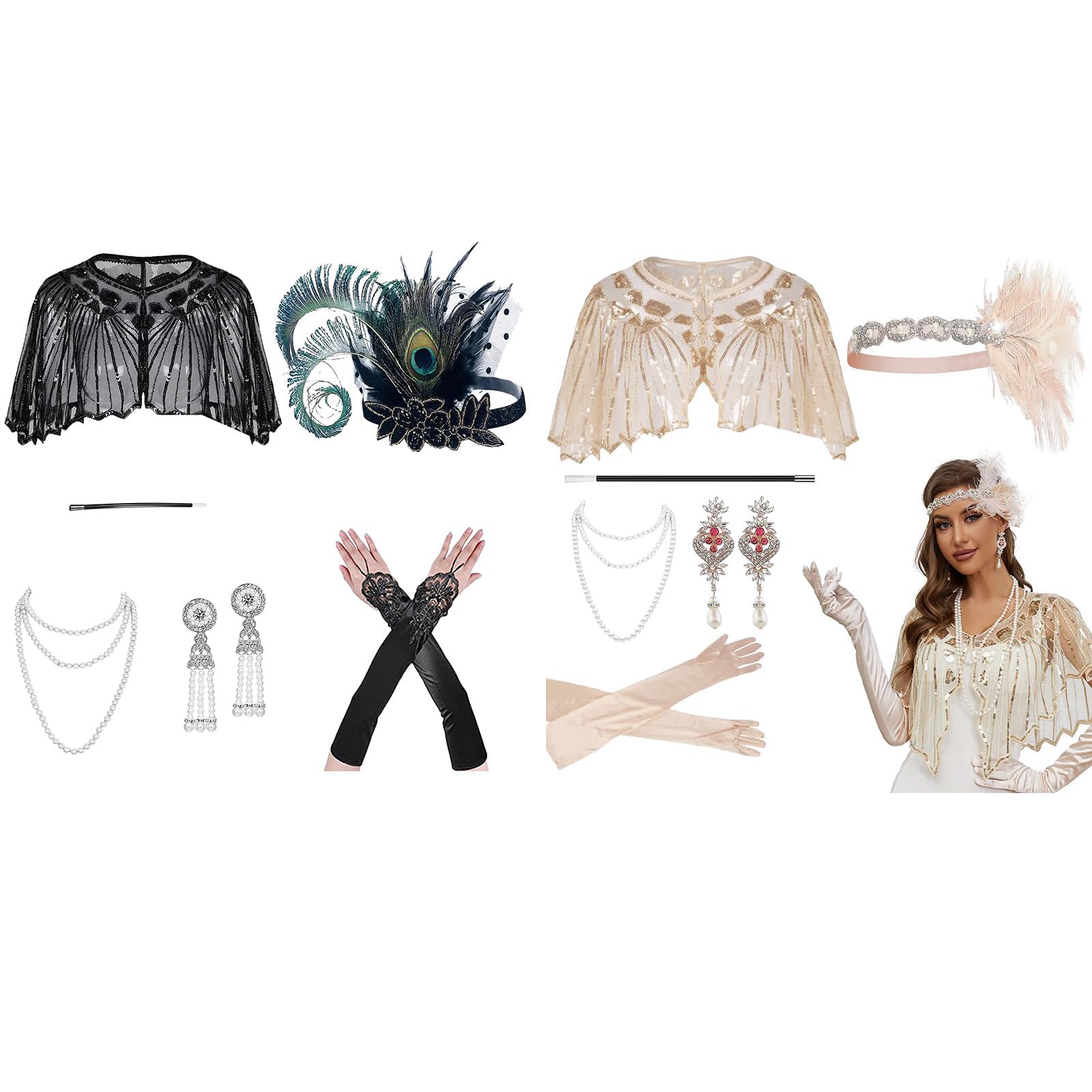 Helltaker 6 Pcs 1920s Accessories Set Womens Feather Headband Pearl Necklace Earrings Gloves Fringed Evening Cape Scarf