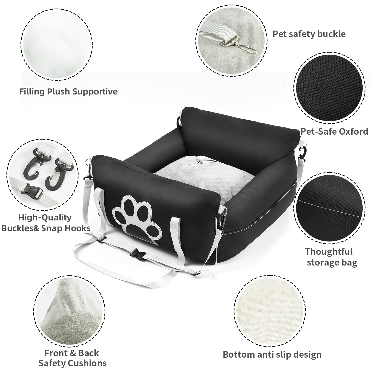 Dog Car Seat Bed - Waterproof Dog Booster for Car with Storage Pockets,Washable Pet Carseats Small Under 25,Fully Detachable Travel Carrier with Clip-On Safety Leash and Thickened Memory Foam Filling