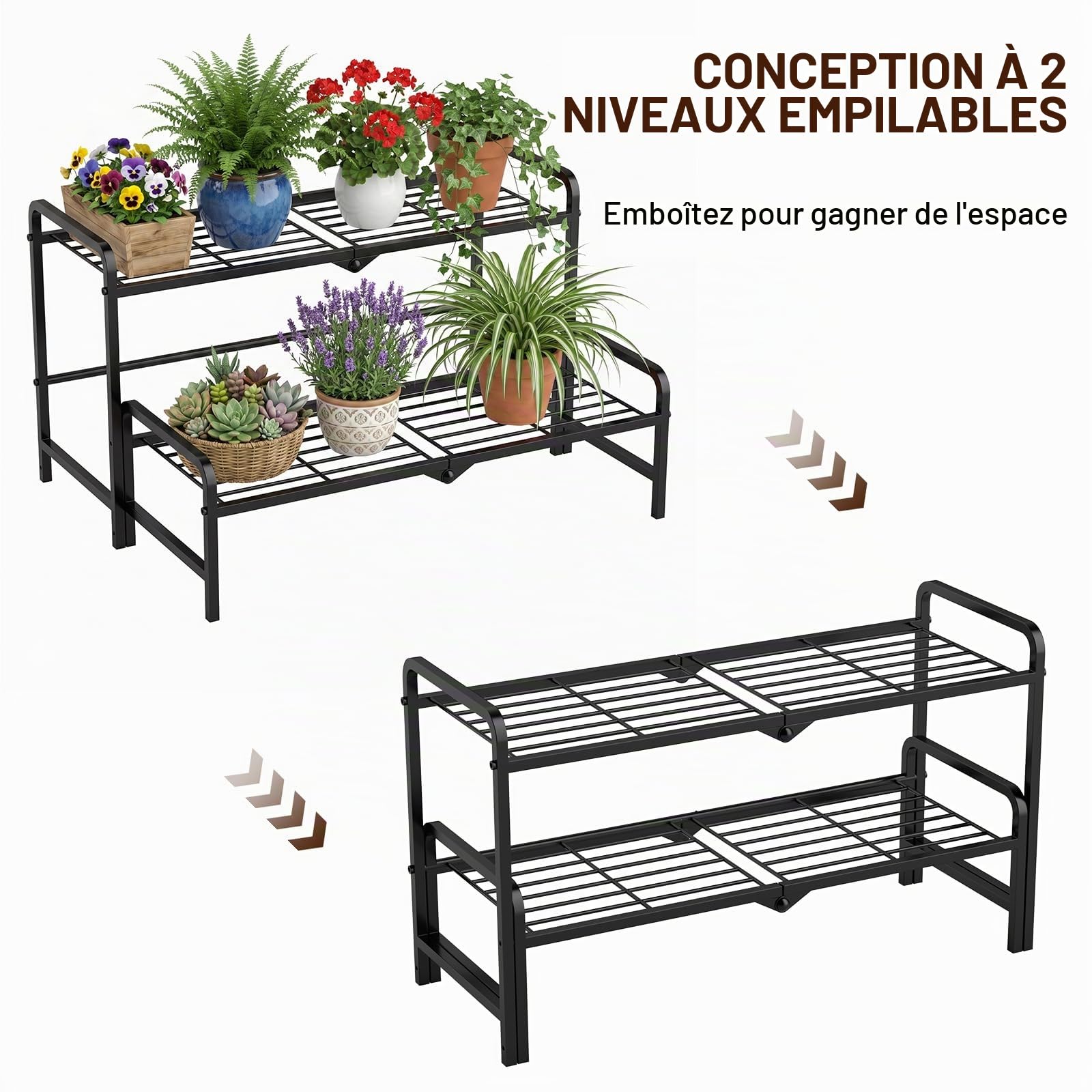 Support de plantes en métal convertible à 2 niveaux- Rangement empilable