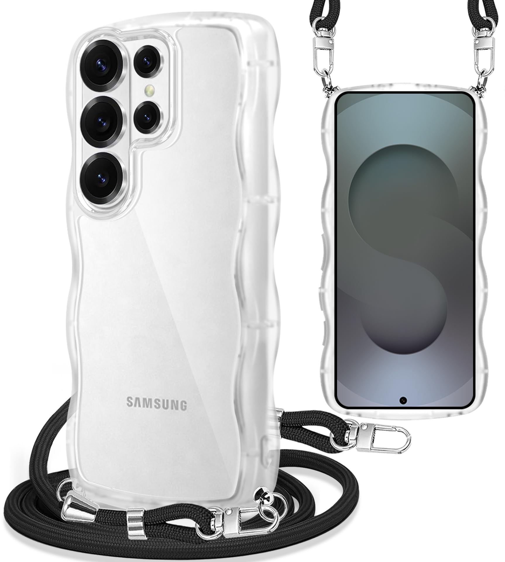 Yuanlai For Samsung Galaxy S26 Ultra ケース クリア ショルダー 肩掛け 斜めかけ 波型 かわいい SC-53G スマホケース 耐衝撃 ギャラクシーS26 Ultra カバー 織りストラップ付き ネックストラップ 長さ調整可能 (クリア)