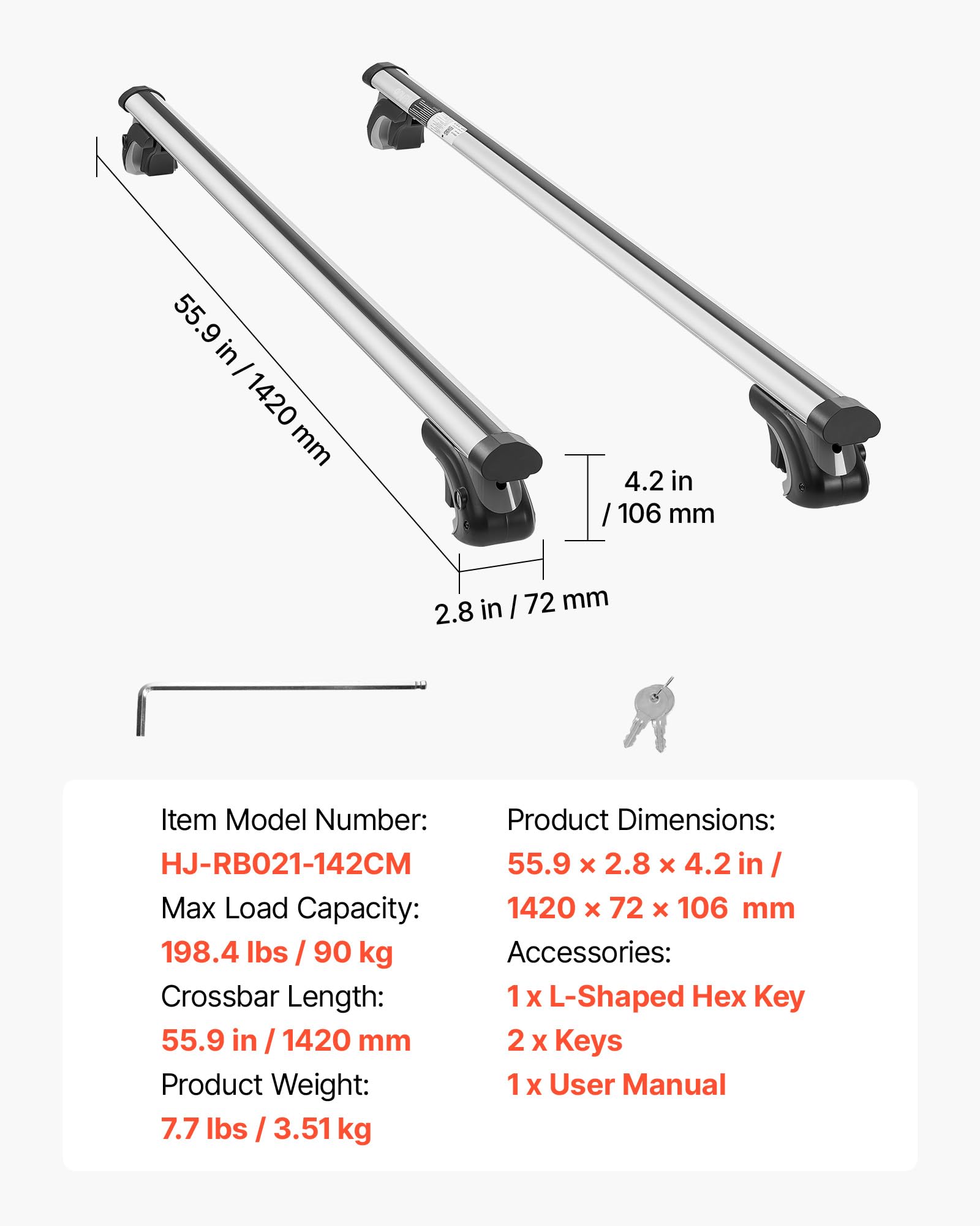 VEVOR Bagażnik dachowy do samochodu SUV, bagażnik dachowy, maksymalne obciążenie 90 kg długości 1420 mm, 2 sztuki do uniwersalnych aluminiowych bagażników, rowerów, podróży, kempingu, wędkowania