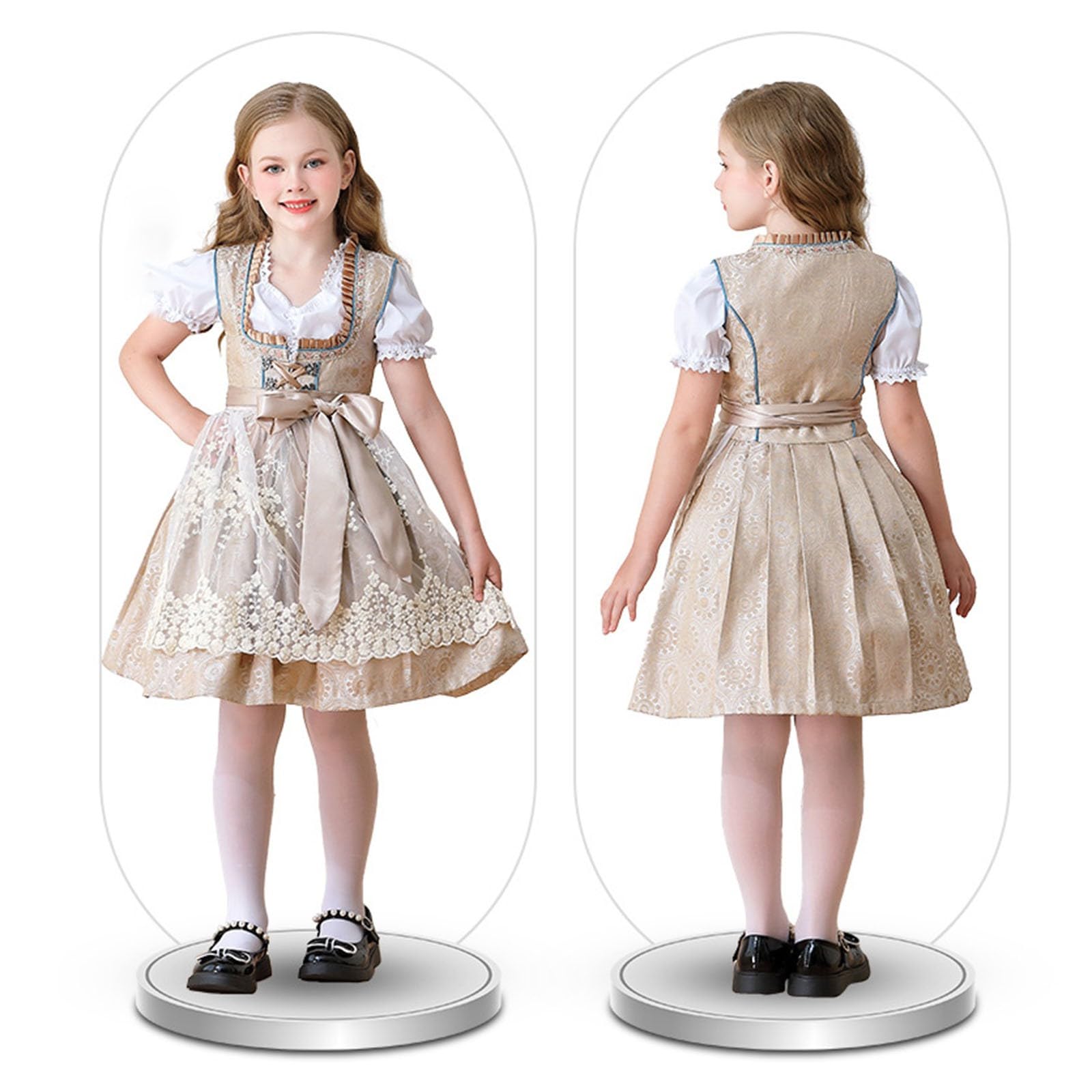 Dirndl Mädchen Midi Oktoberfest Outfit Kinder mit Puff Kurzarm Trachtenkleid Blumen Dirndl Schürze Bayerische Karneval Kleidung Münchner Bierkostüme Deutsche Bierfest Kinderdirndl