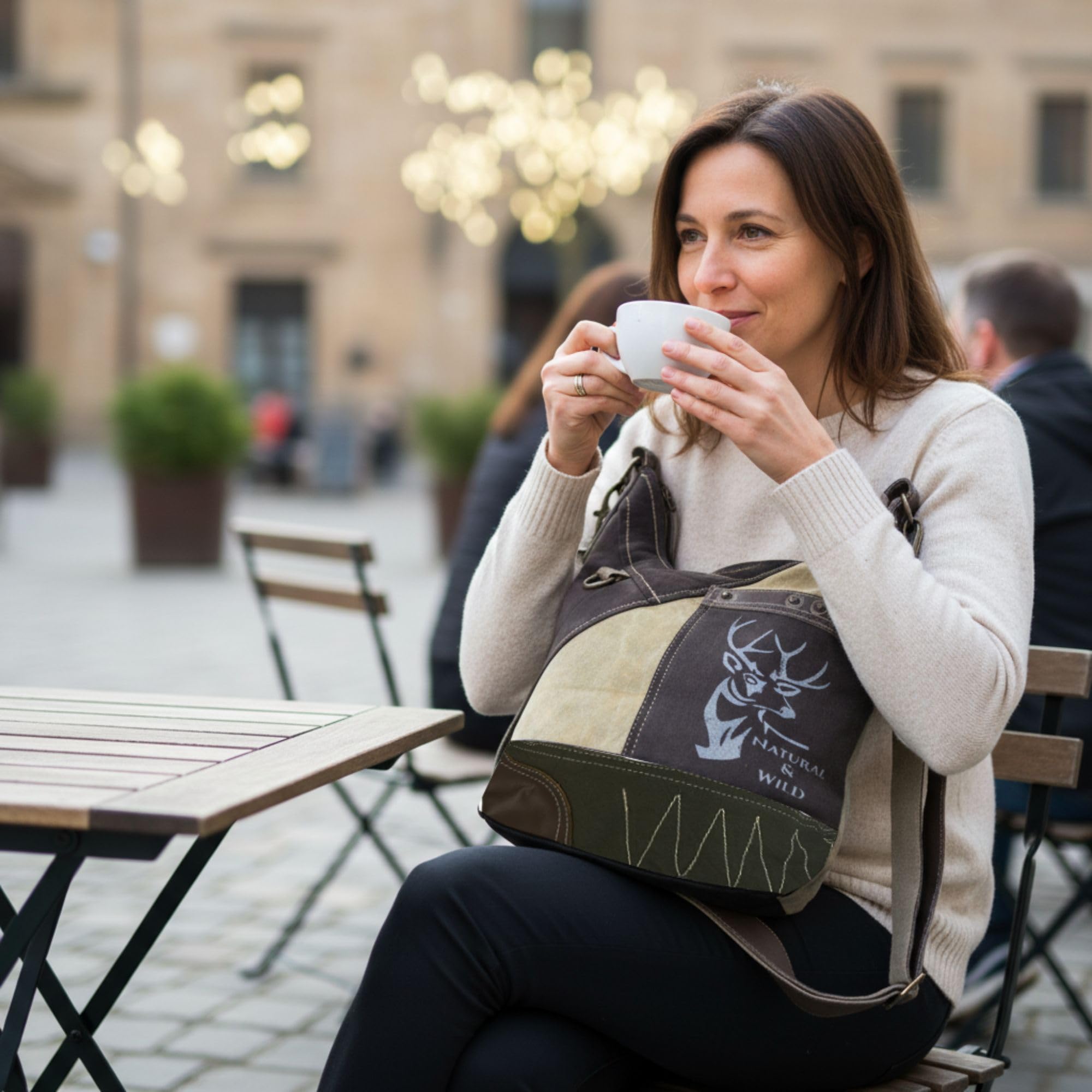 Sunsa Damen Umhängetasche aus Canvas & Leder. Hobo Tasche mit Reh Aufdruck