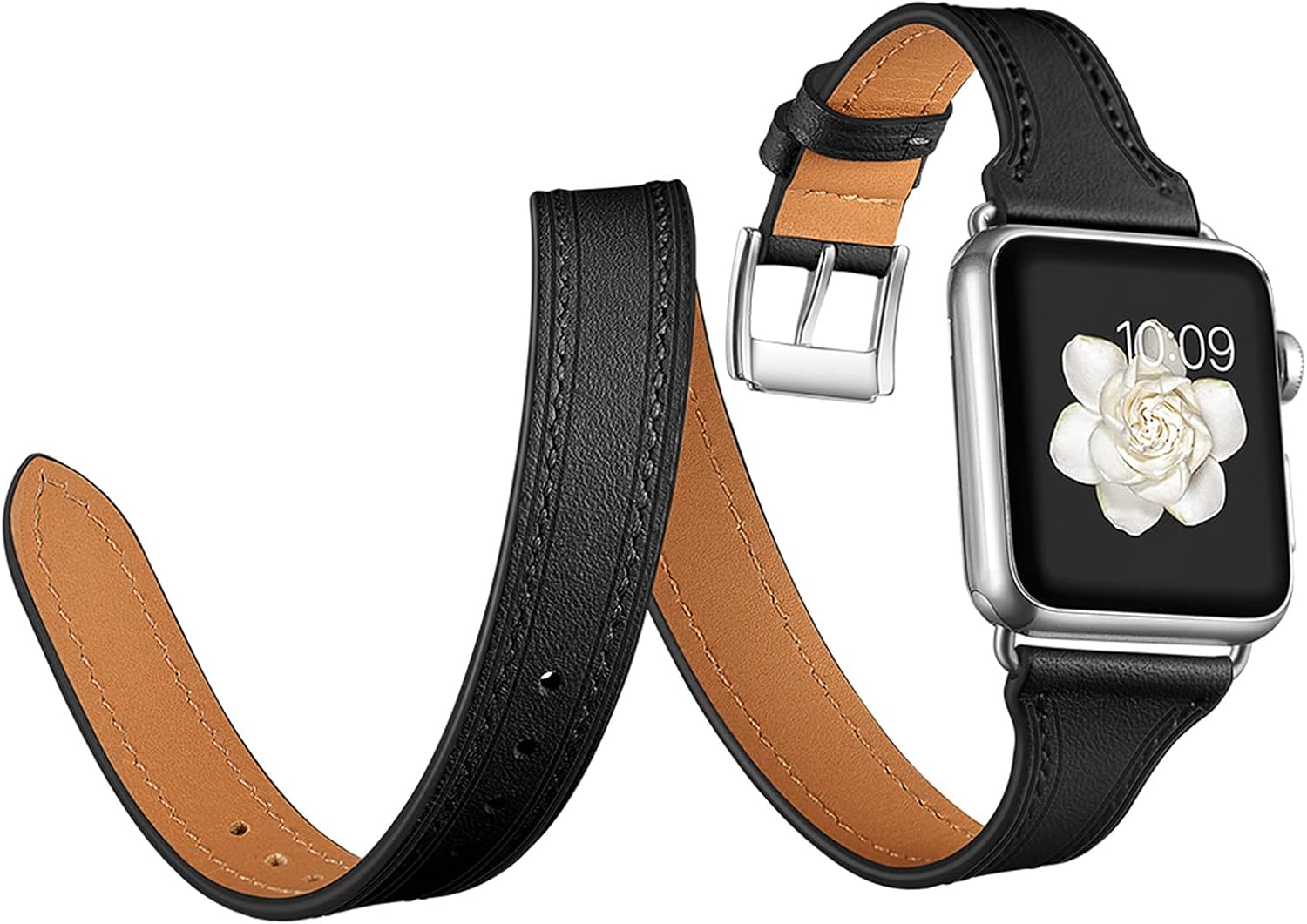 Band Compatible with Apple Watch 49mm 45mm 44mm 42mm or 41mm 40mm 38mm, Genuine Leather Double Tour Designed Slim Replacement Strap for iWatch Ultra SE2 SE Series 8 7 6 5