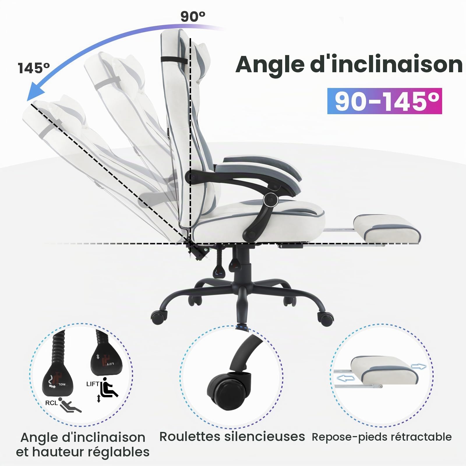 WOLTU Chaise Gaming,Tissu Respirant Ergonomique Fauteuil Gaming,Bleu+Blanc