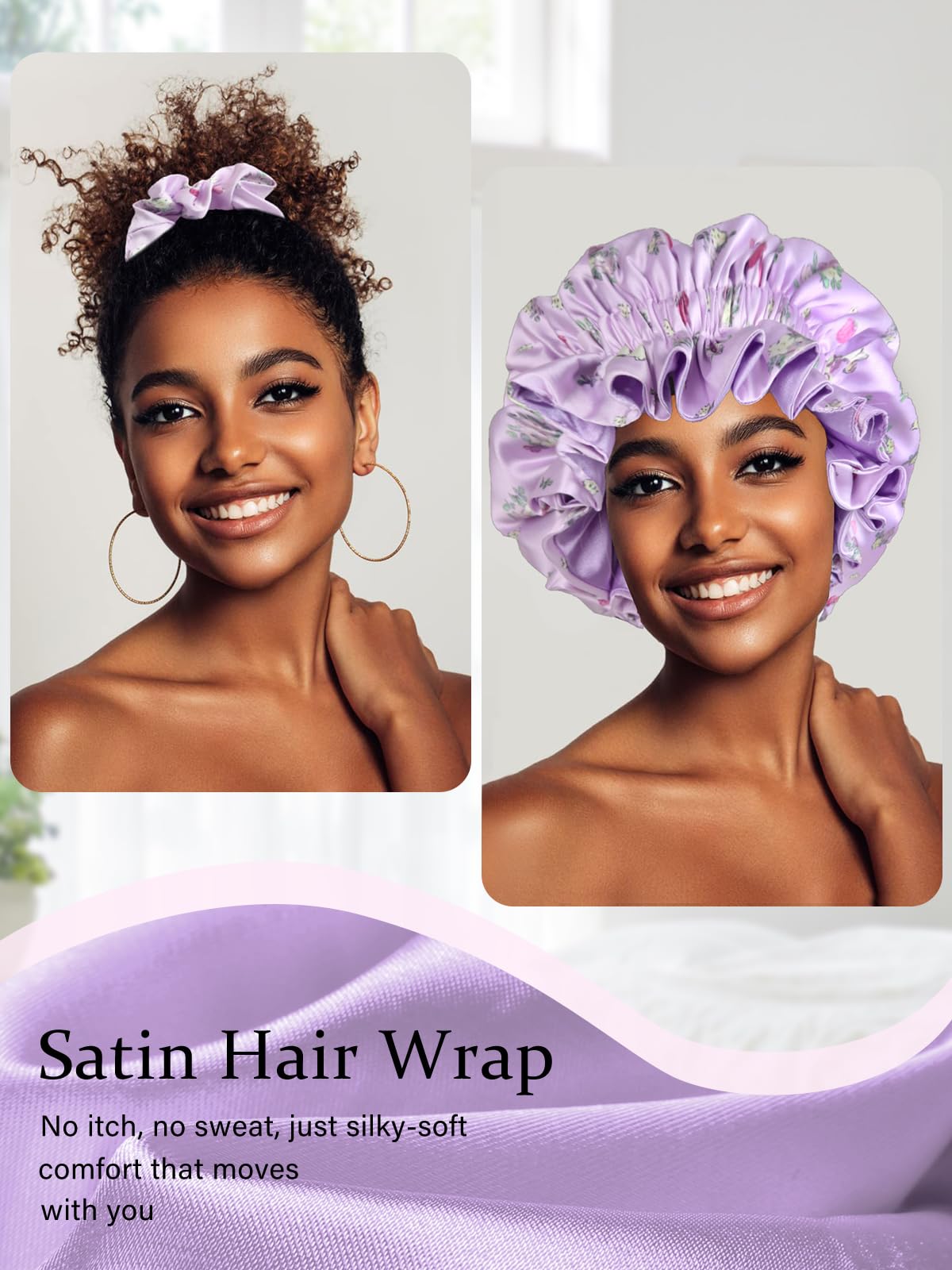 Amazon.com: Vettres Floral Satin Bonnet with Scrunchie Set  display picture 1