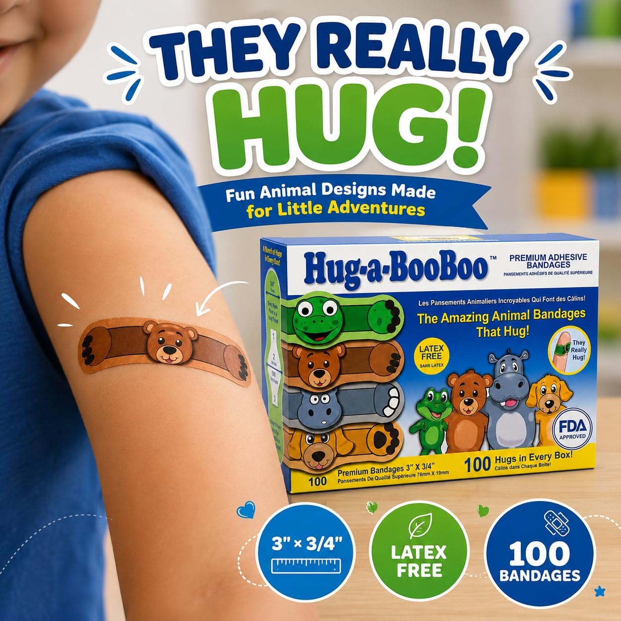 Super Fun Kids Bandages by Hug-a-BooBoo! The Amazing Animal Bandages that Hug! Children’s Favorite Stuffed Animal Designs – Hippo, Puppy, Teddy Bear & Frog! Family Bulk Pack Assortment -100ct Box
