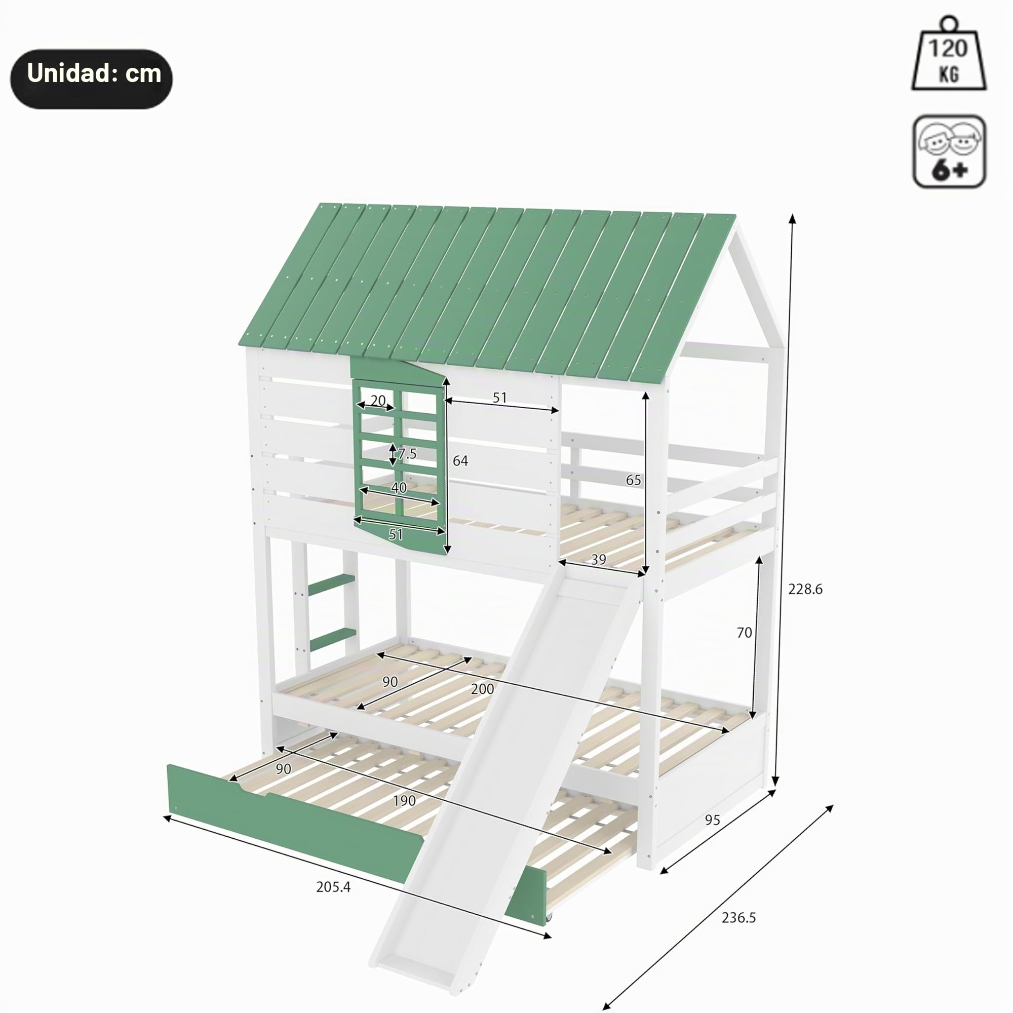 Moimhear Cama alta, cuna, con dosel, con ventanas, cama infantil de madera, litera con tobogán, pino+MDF, blanco+verde (90 x 200 cm x 2 + 90 x 190 cm, con cama nido)