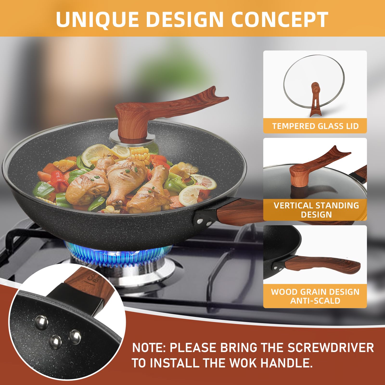 AOSION 33 cm antihaftbeschichtete Wok- und Bratpfannen, antihaftbeschichtet, Wok mit Deckel und Dampfkorb, Spatel, Schöpflöffel, 100% PFOA-freie Induktions-Wokpfanne für Elektro-, Gas-, Halogen-,