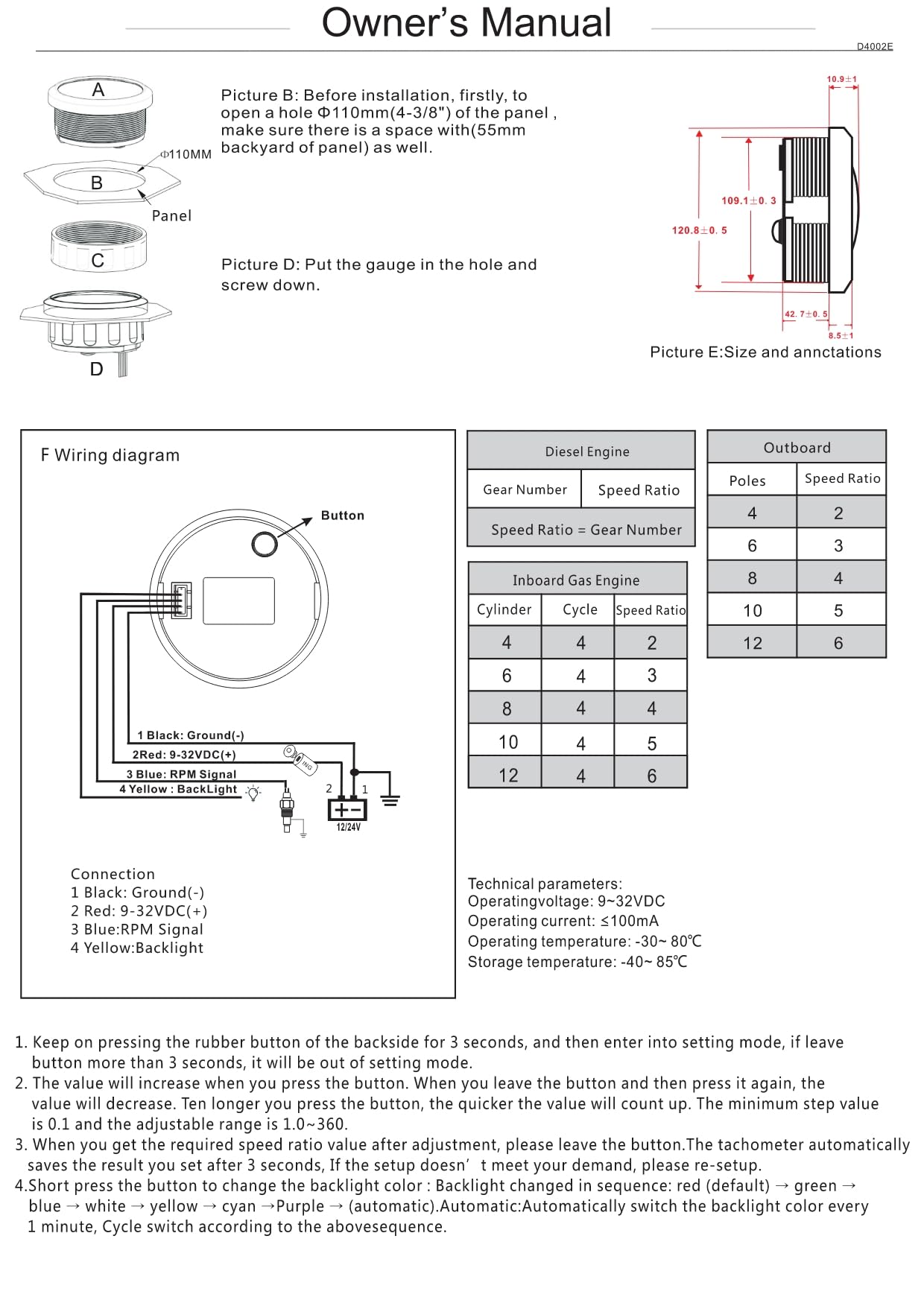 ELING Drehzahlmesser 110 mm 3000 U/min Messgerät mit Betriebsstundenzähler mit 7-farbiger Hintergrundbeleuchtung universell für Schiffe und Yachten 12 V 24 V