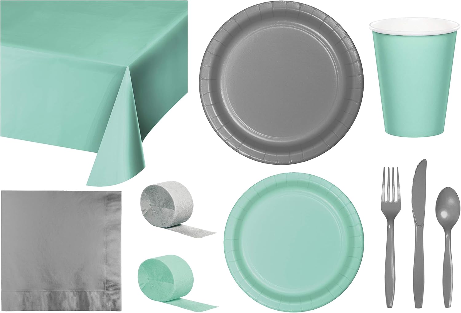 Baxters Party Bundle Bulk, Tableware for 24 People Mint Green and Silver, 2 Size Plates Napkins, Paper Cups Tablecovers and Cutlery, Box of 199