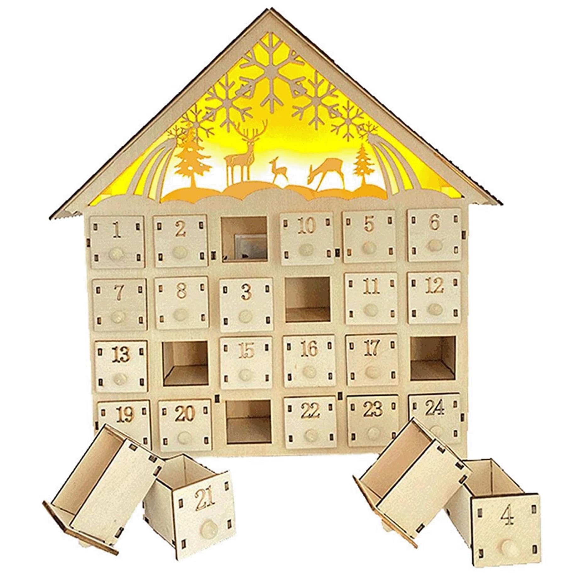 Calendario de Adviento de madera 10x3x12 con 24 cajones, decoración navideña LED de cuenta atrás vacía sin batería