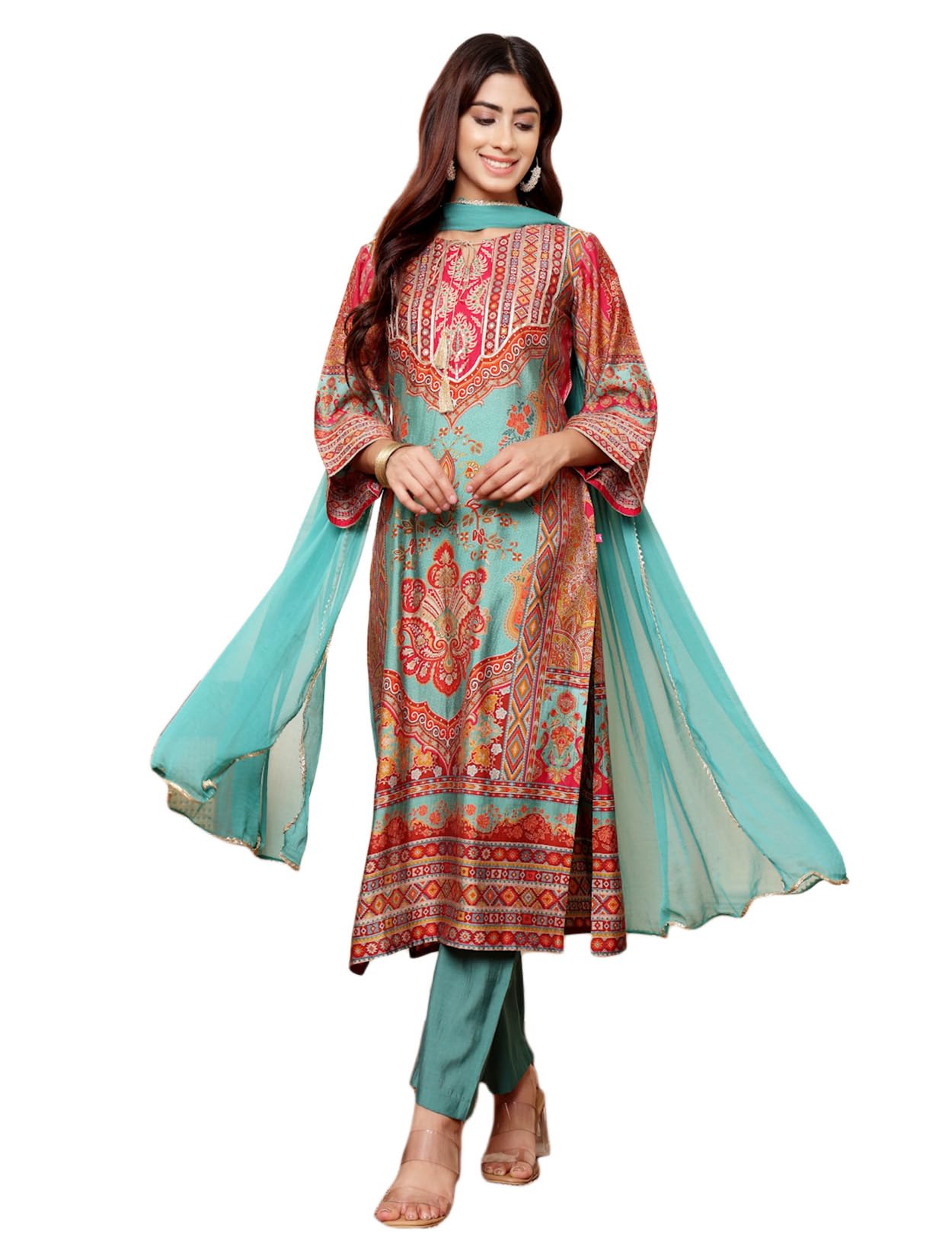 Varanga Women Turkish Ethnic Printed Zari & Gota Lace Detailed Kurta With Solid Trouser & Dupatta  Elegant Ethnic Set