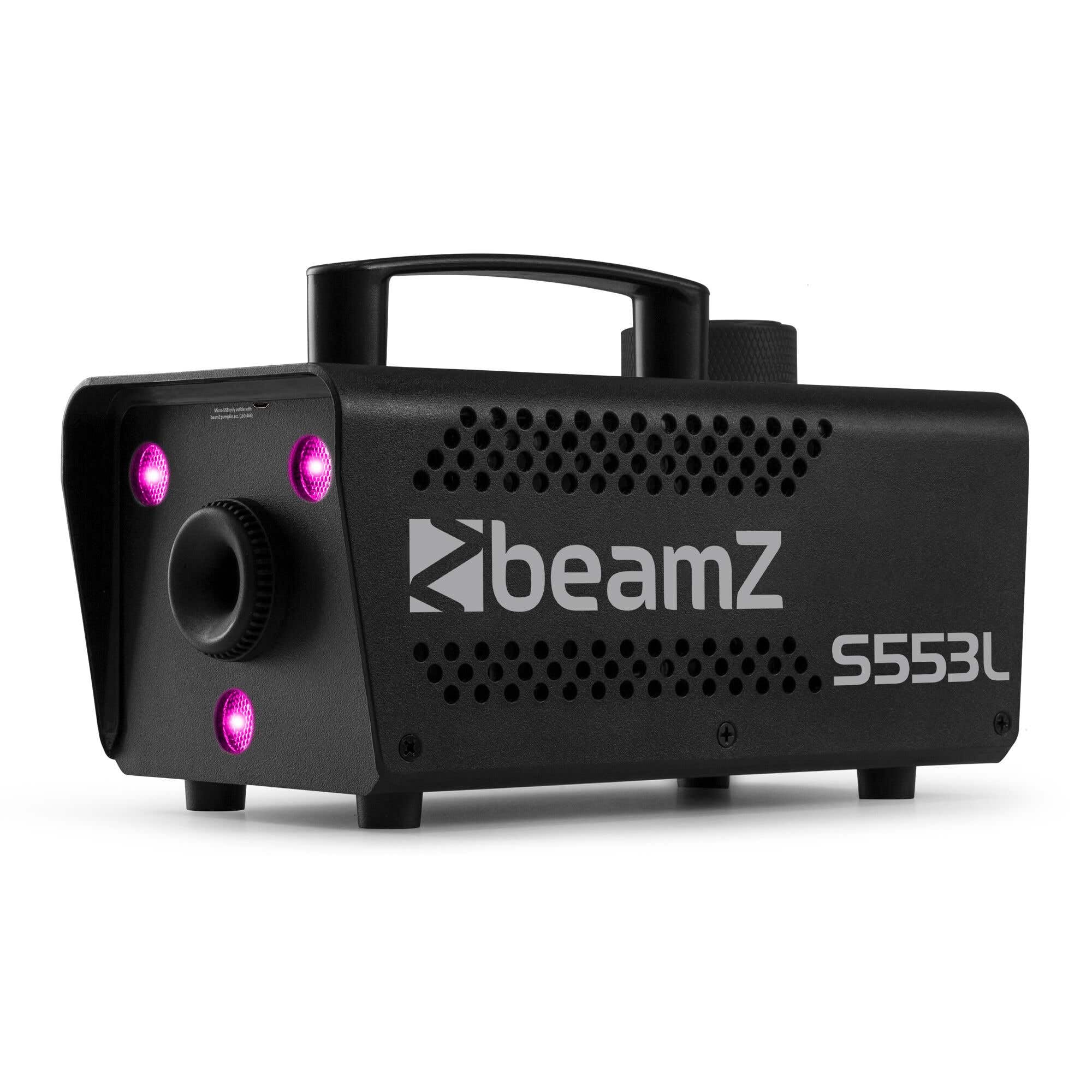 BeamZ S553L máquina de humo 550W con LEDs RGB y efecto estroboscópico, lista en 2,5 min, salida 50 m³/min, incluye 2L de líquido, compacta y portátil para fiestas y eventos