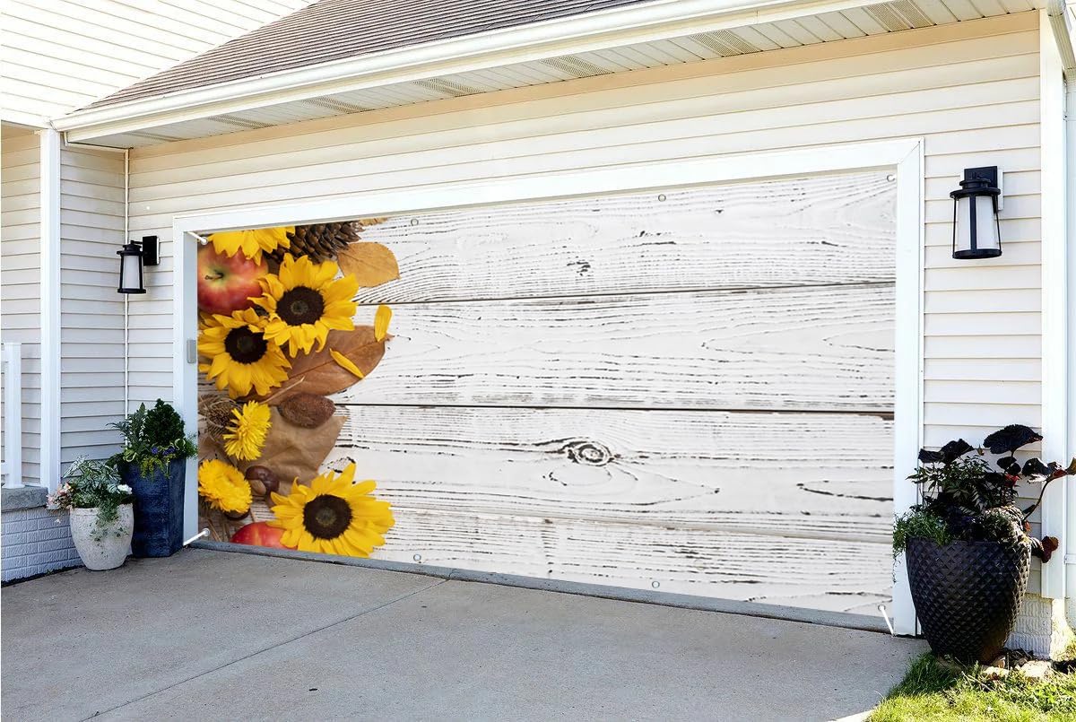 7x16ft Rustic Autumn Table Garage Door Decor Whitewashed Wood Background Sunflowers Apples Fall Foliage Natural Elements Garage Door Cover Indoor Outdoor Seasonal Festive Decor