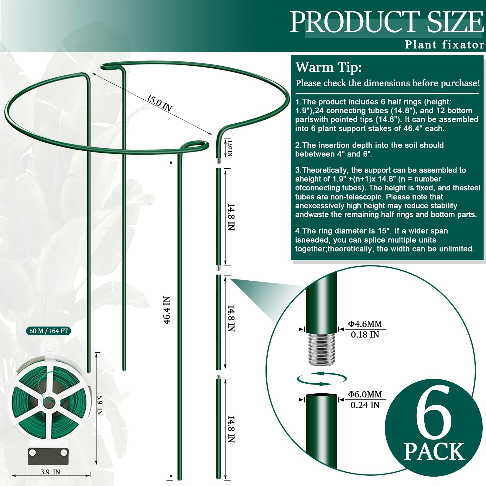 Lot de 6 piquets de support pour plantes de 117,6 cm, cage en acier et cage de pivoine, tomates et hortensias, piquets de jardin pour plantes d'extérieur, piquets robustes de 42,4 cm + tubes