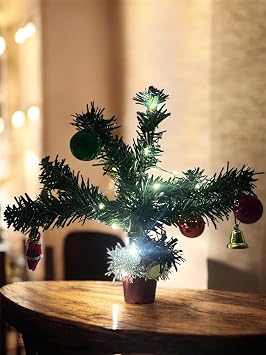 Mini Yılbaşı Ağacı, LED Işıklı, Kırmızı Saksılı, Yeşil ve Kırmızı, 25 cm, Plastik Yapay Çam, Noel Baba Süslemeli, Masa Üstü Dekoratif