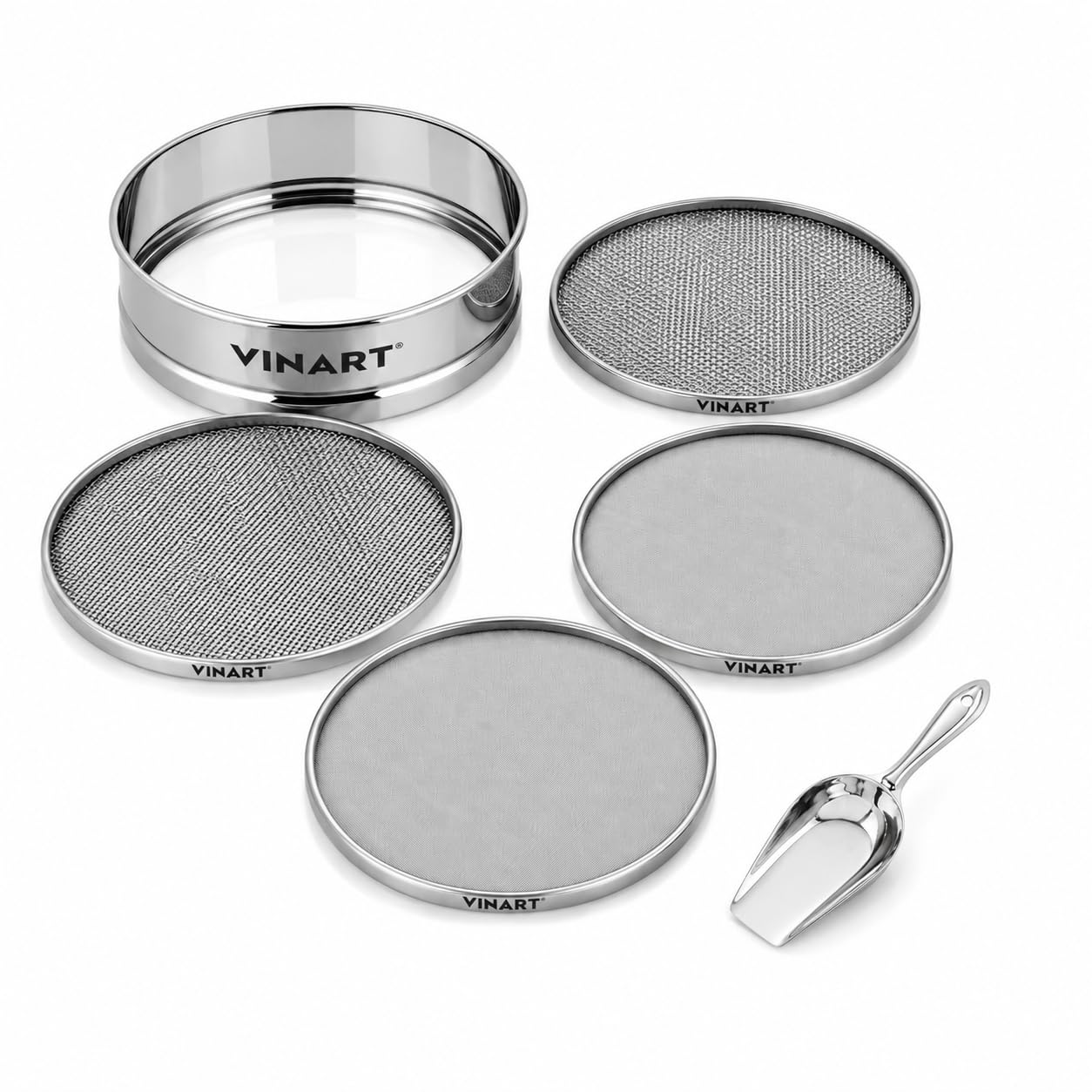 vinart 4 in 1 stainless steel interchangeable sieve with measuring atta scoop, flour chalni, spices, food strainers, atta chalni, jaali channi atta maida strainer