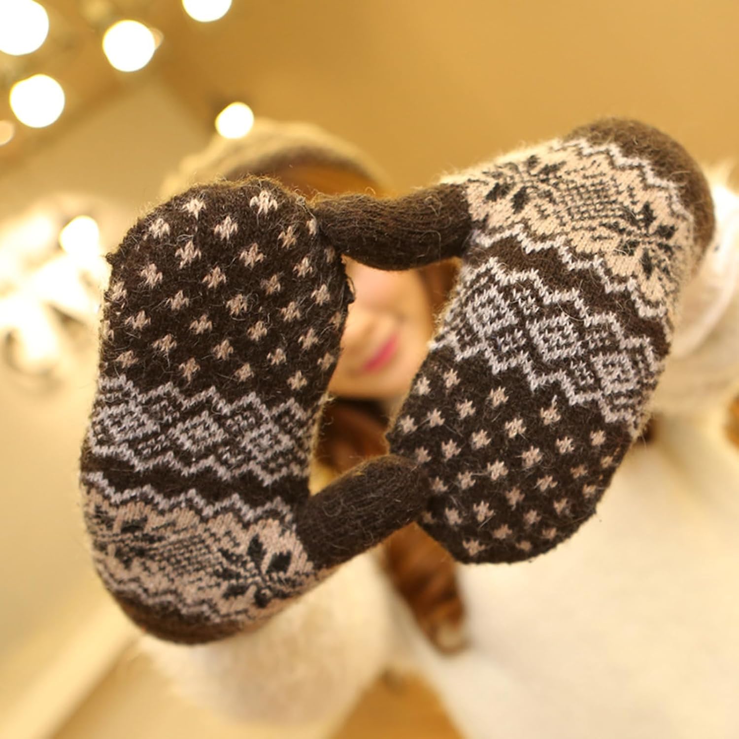 Women Warm Winter Wool Mittens - Snowflake Knit Fleece Gloves Double Layler Cute Mitts for Cold Weather - Image 6