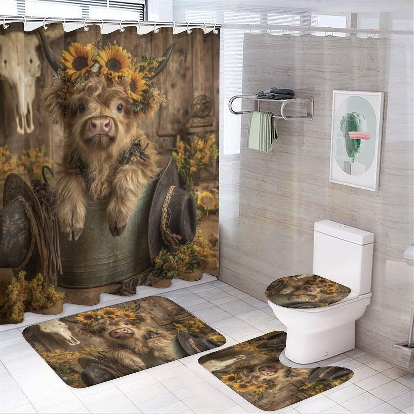 Luyysky Beautiful Realistic Highland Cow Shower Curtain Decor Set,Colorful Rustic Farm Barn Sunflower Animals Cowboy Hat Bathroom Decor Sets With Rugs,Bathroom Shower Curtain Set