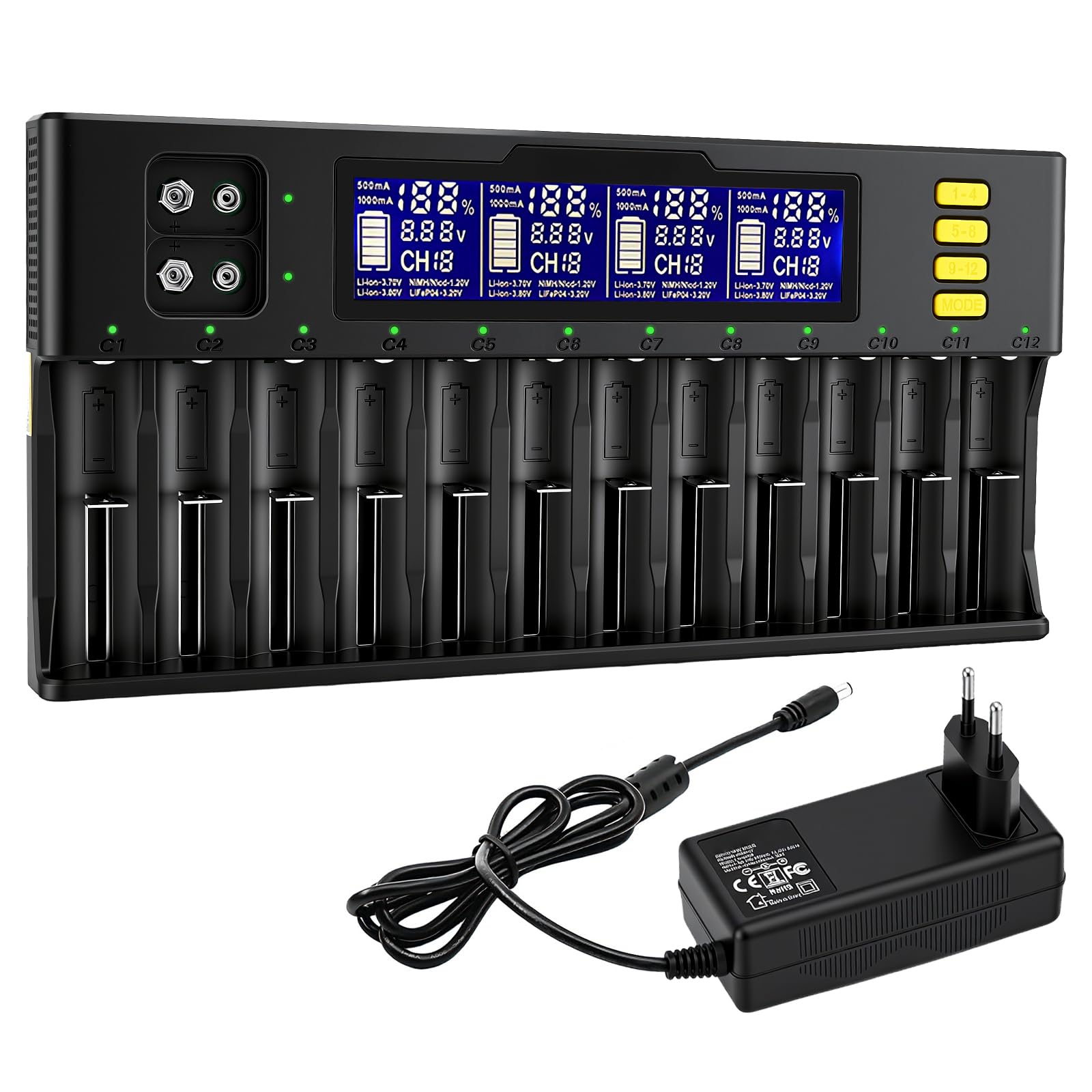 Caricabatterie Pile Ricaricabili Per 18650, 20700, 26650, 17500, 16340, 14500, Aa, Aaa, 9V, Ni-Mh,Caricabatteria Universale 12+2 Slot,Con Display Lcd,Molteplici Funzioni Di Protezione