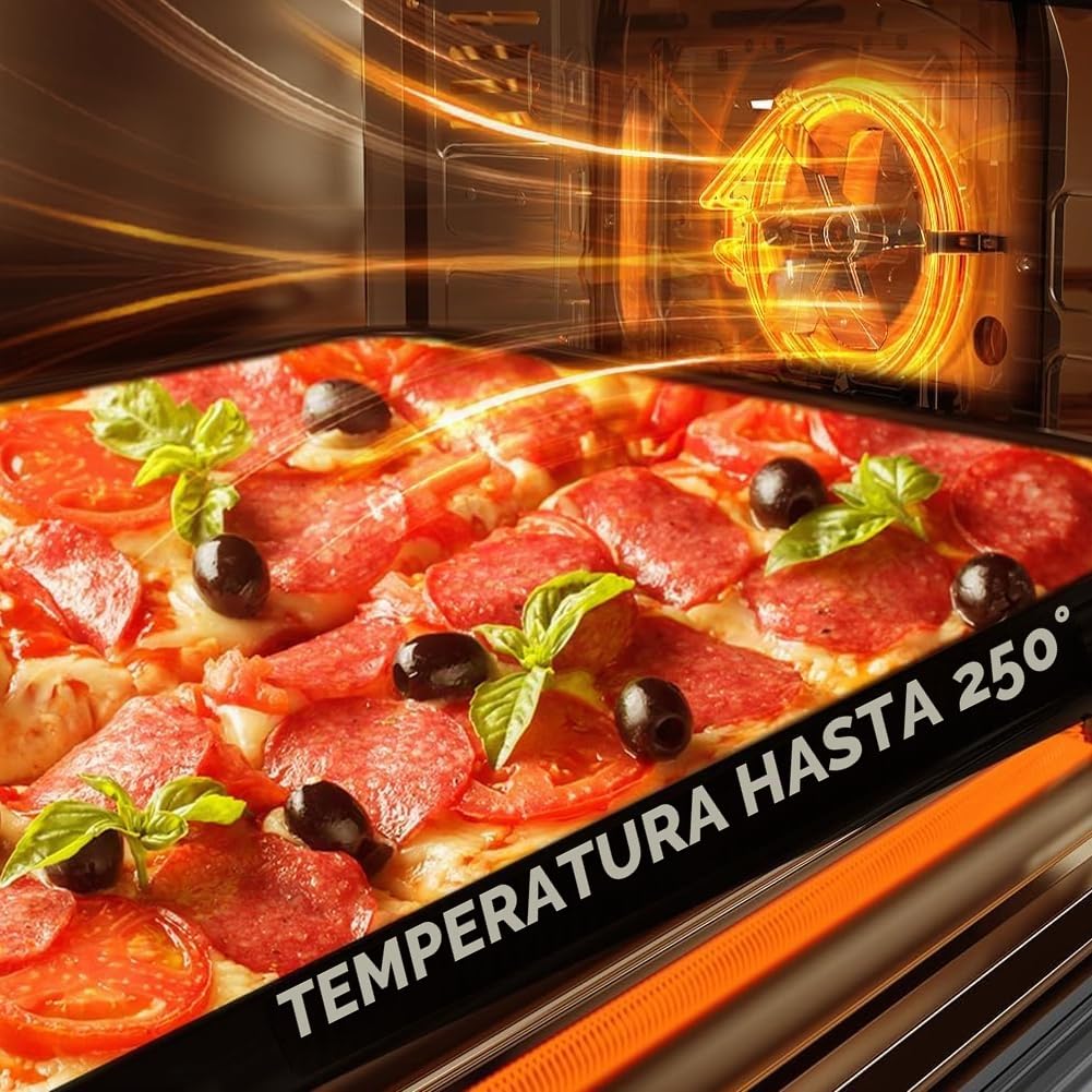 Bakaji Horno eléctrico ventilado, capacidad 70 litros, potencia 2500 W, temperatura regulable hasta 250°, 2 ventilaciones con elementos calefactores, acero, luz interior, función temporizador, asador