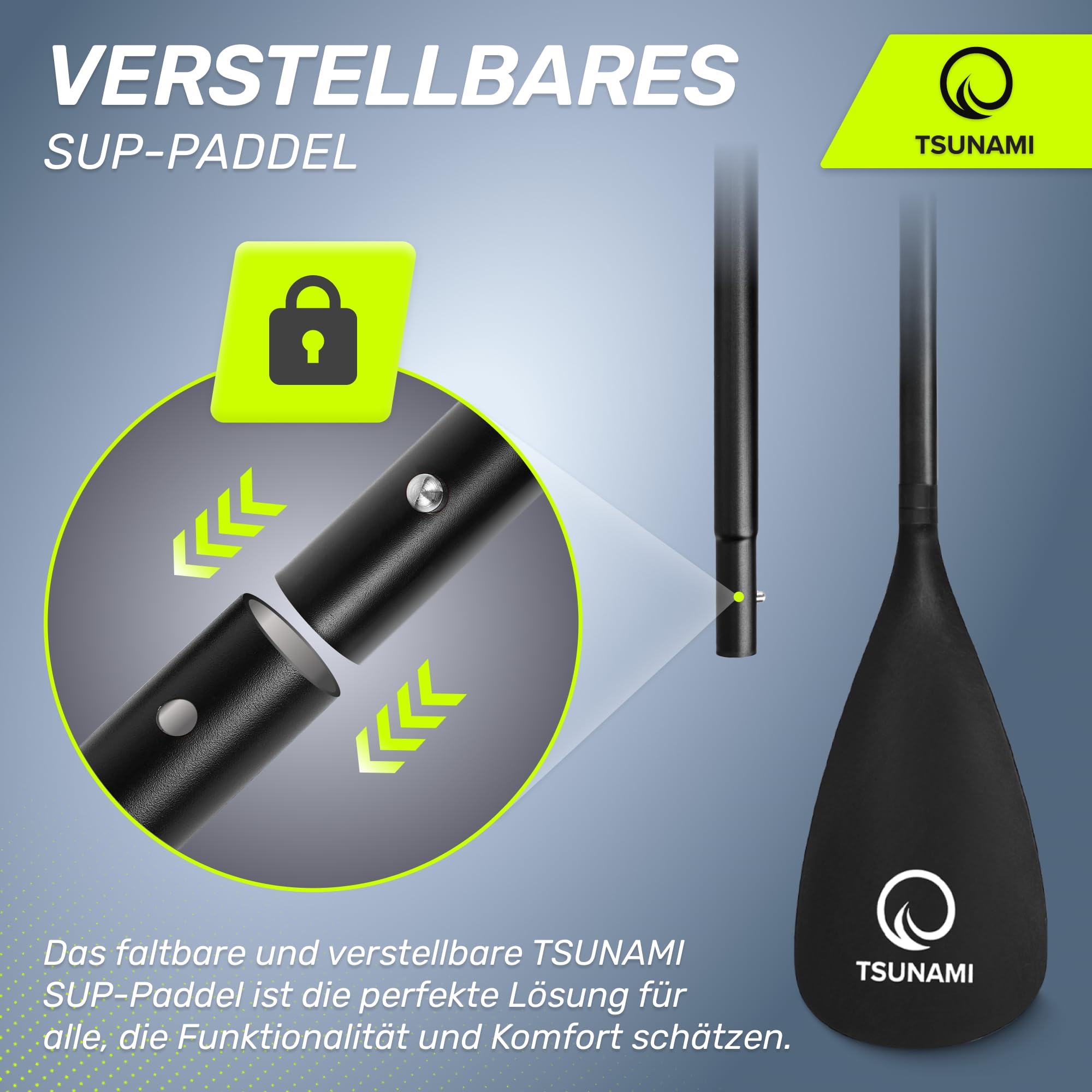 TSUNAMI Paddle 3-teilig für SUP Stand-Up Paddling Board, Stechpaddel, Verstellbar Teleskop 165cm-215cm, Kunststoff, Rutschfester Griff, für Kajak, Dingy Boote, Paddelboard, Schlauchboot SUP
