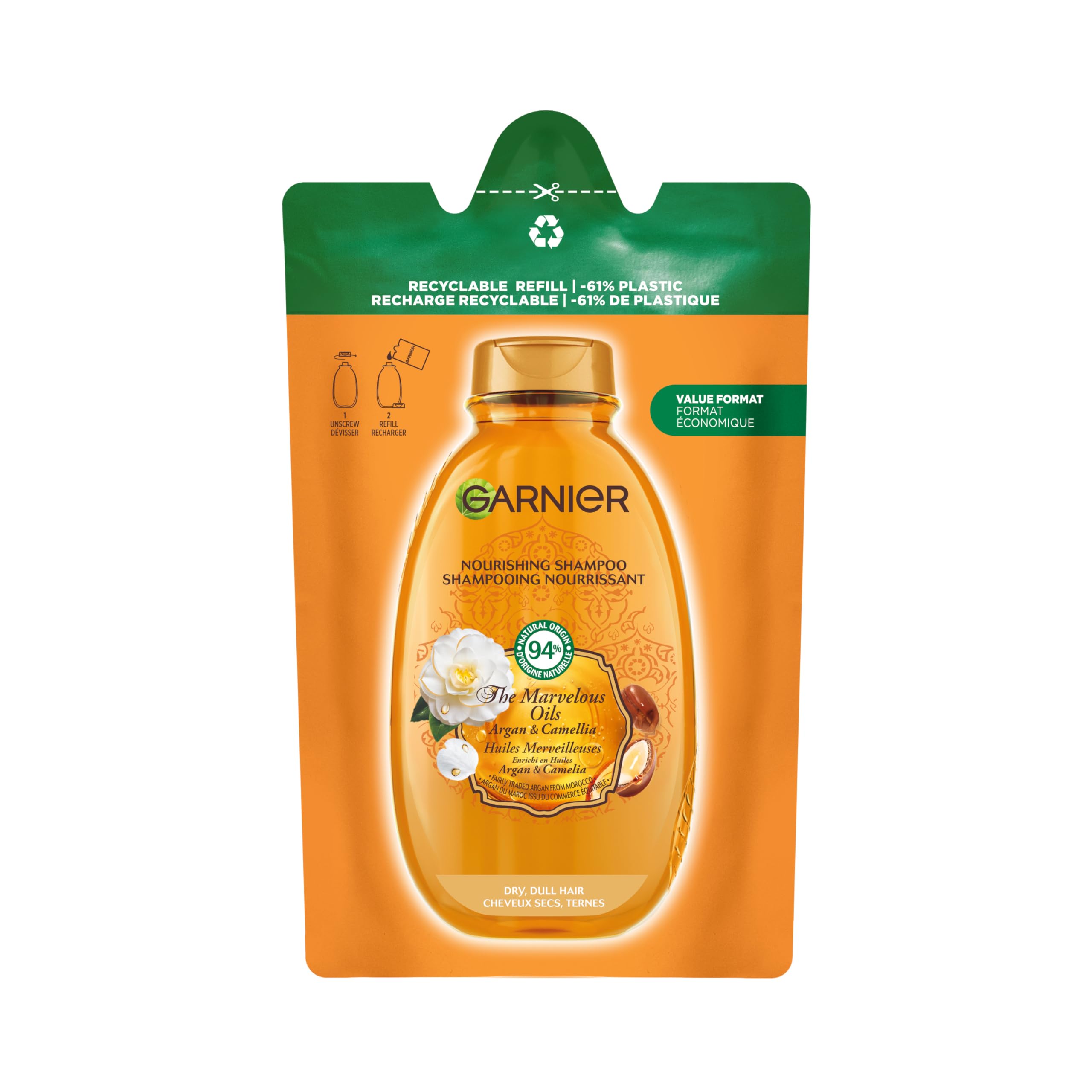 Garnier Ultra Wunderbare Öle Argan & Kamelie, Eco-Nachfüll-Shampoo, nährend, trockenes Haar, stumpfes Haar, 250 ml