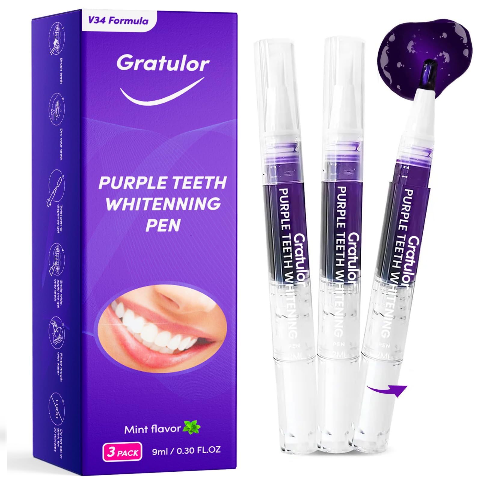 Purple Tooth Whitening Pen, V34 Purple Teeth Pen, Purple Toothpaste for Teeth Whitening(3 Pens)