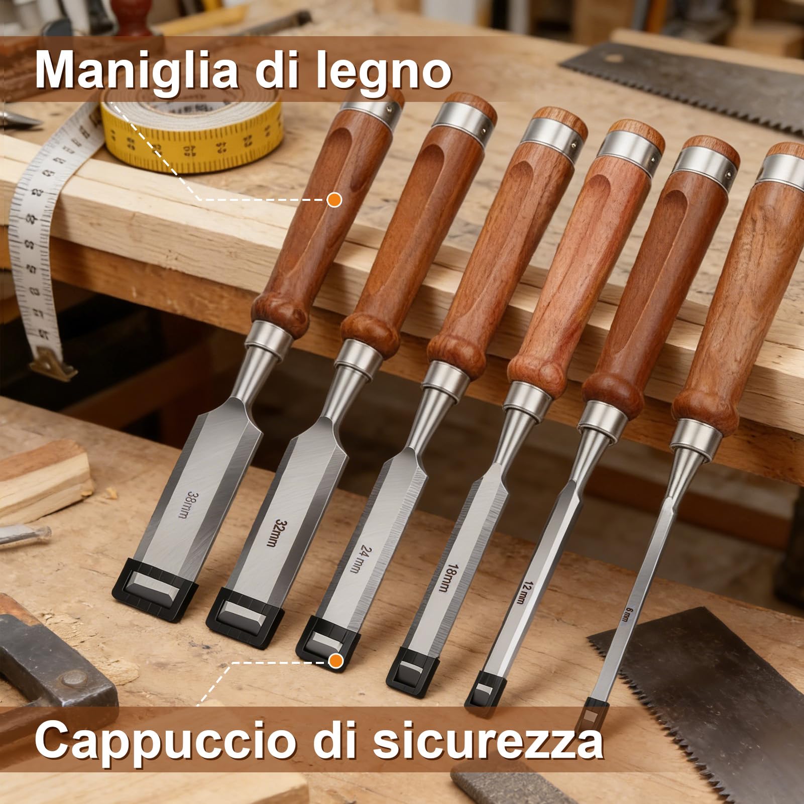 Set di Scalpelli per Legno, 8PCS Scalpelli da Intaglio di Lavorazione | Scalpello per Legno, Guida per Affilare e Pietra per Affilare, Scatola, per Intaglio, Carpenteria, Rifilatura dei Bordi