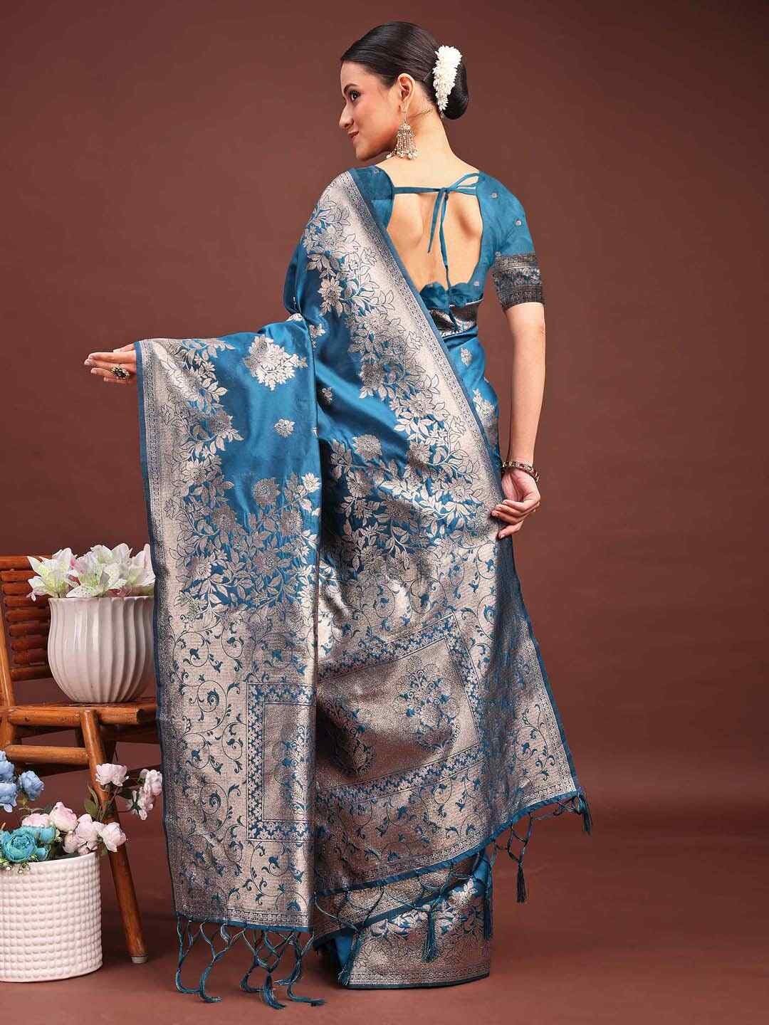 Shiv Textiles Women's Banrasi Silk Woven Zari Work Saree(AUS-ASSIL1003-TEAL) 1