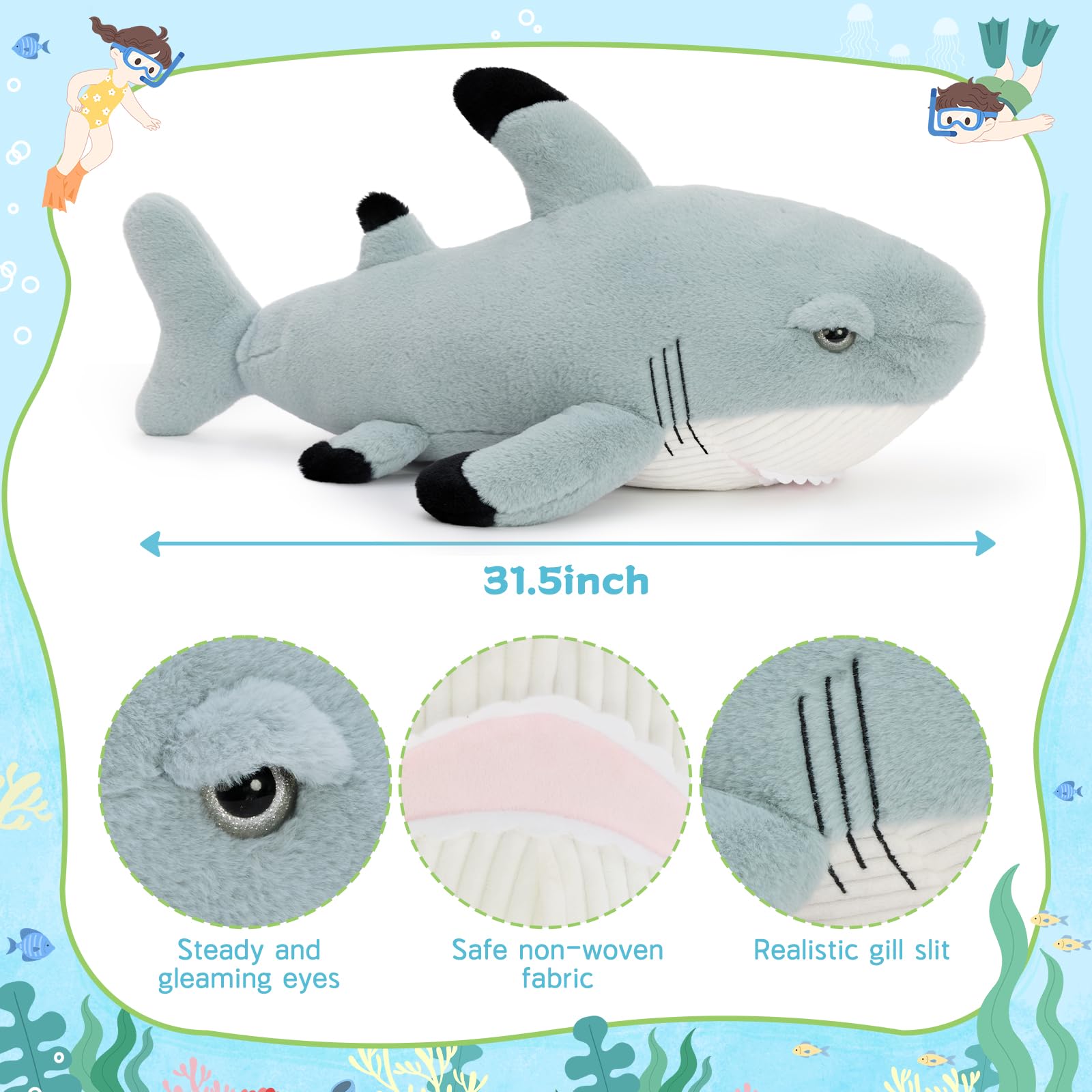 KERTA 32inches Shark Stuffed Animals, 2.6ft Large Gray Stuffed White Shark Plush Body Pillow for Girls Boys, Realistic Ocean Plush Toy Birthday Party Decora Gift for Adults 5
