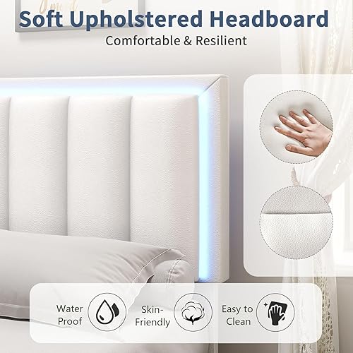 Miniatura 5 de Base de cama tamaño Queen con 4 cajones de almacenamiento, base de cama tapizada Queen con cabecero, luces LED RGB, base de metal resistente y