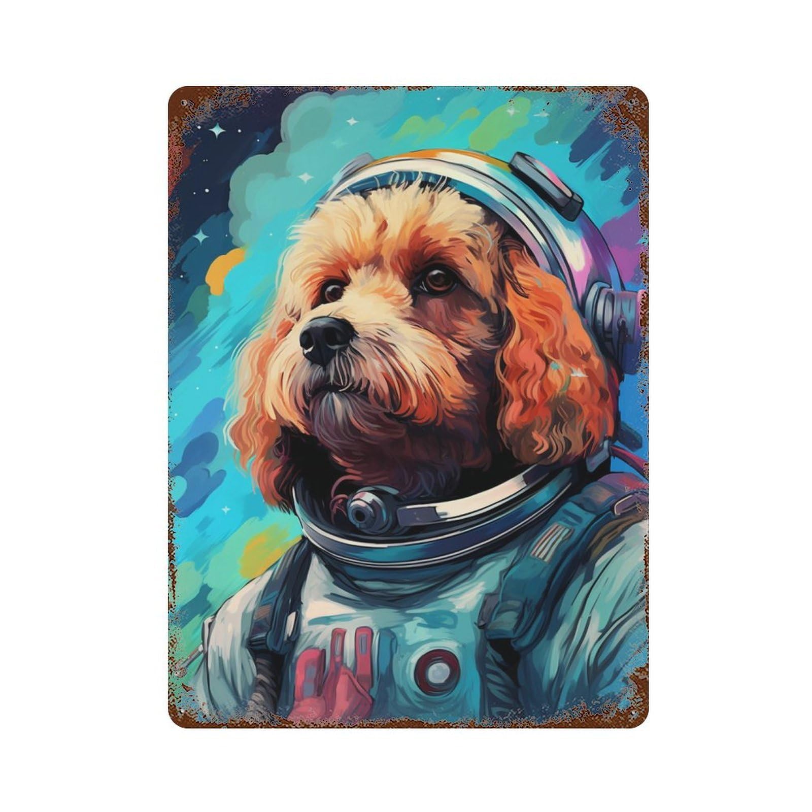 Space Dog Explorer-162 Vintage Wall Sign 15.7"x11.8", Rust Effect Metal Decor for Shed, Workshop And Garage Wall Decor