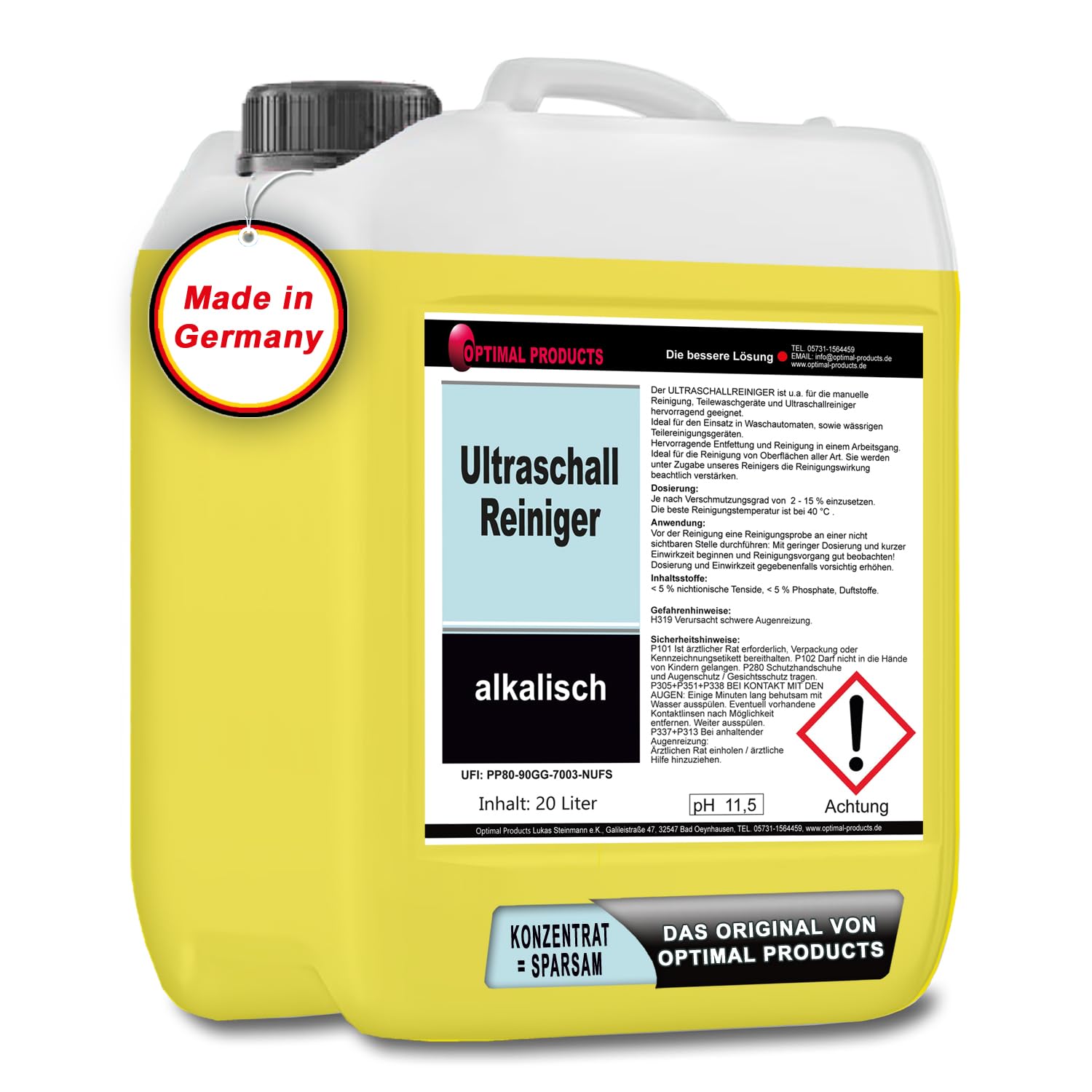 Optimal Products Konzentrat Ultraschall Reiniger I Alkalische Allzweck Reiniger für exzellente Entfettung & Reinigung 20l