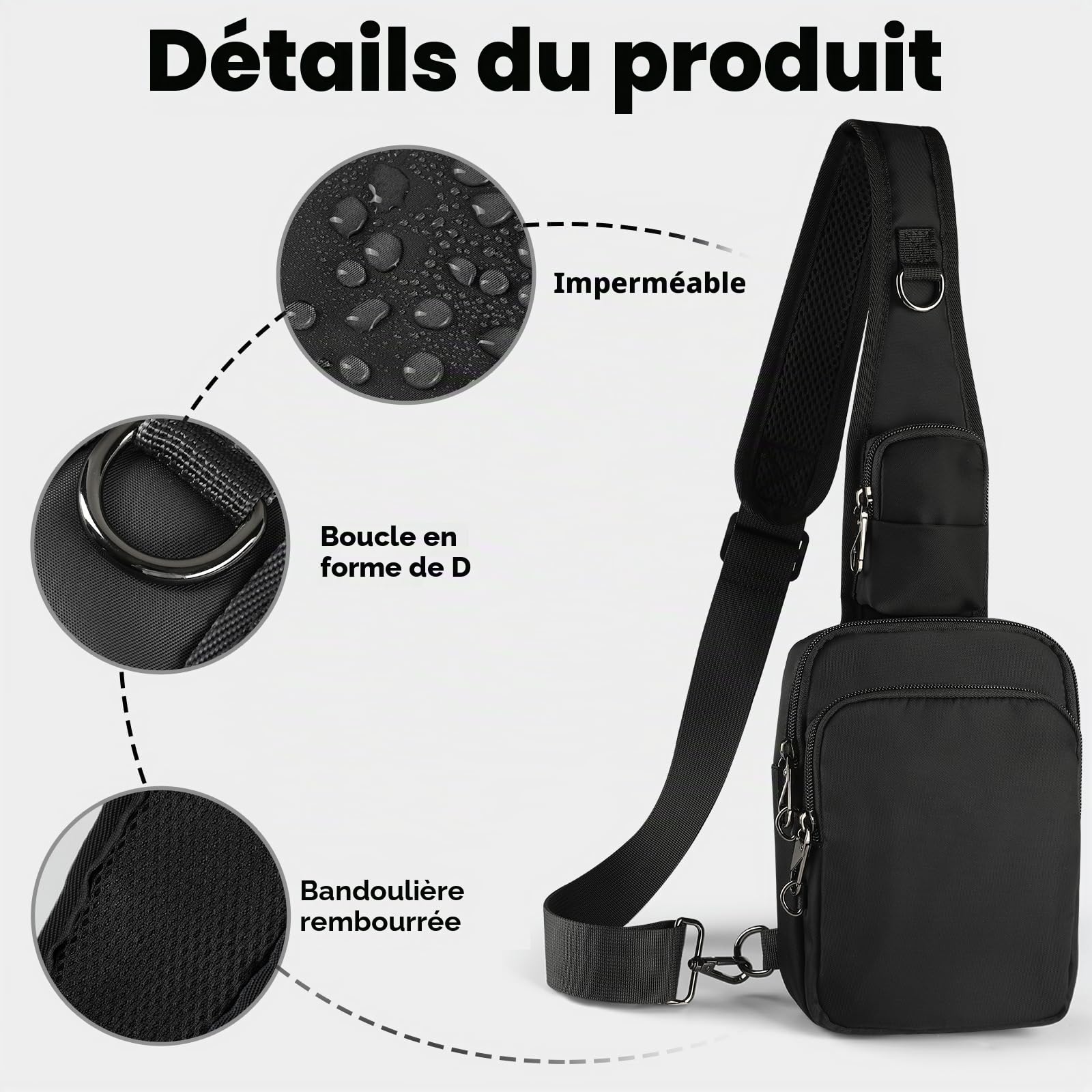BROADREAM Sac à bandoulière antivol - Sac de poitrine - Sac à bandoulière - Pour homme et femme - Petit homme - Avec fermeture éclair et blocage RFID