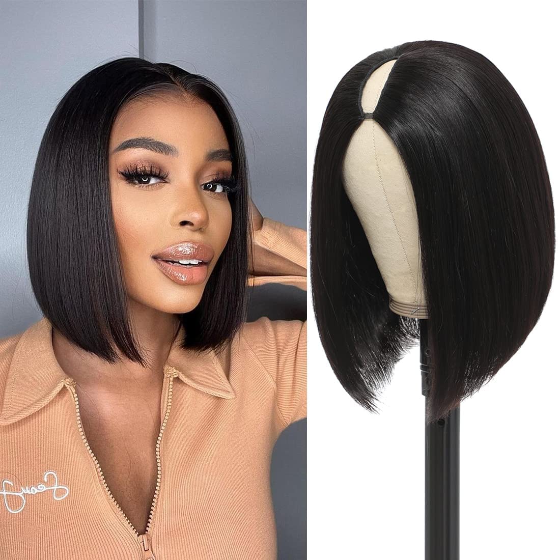 AisaideV Part Bob Wigs for Women U Part Wig Half Wigs for Black Women Upgrade Short Straight V Part Bob Wig Synthetic V Part Wig No Leave Out Glueless Clip in U Part Wigs V Shaped Wig 12inch 1B
